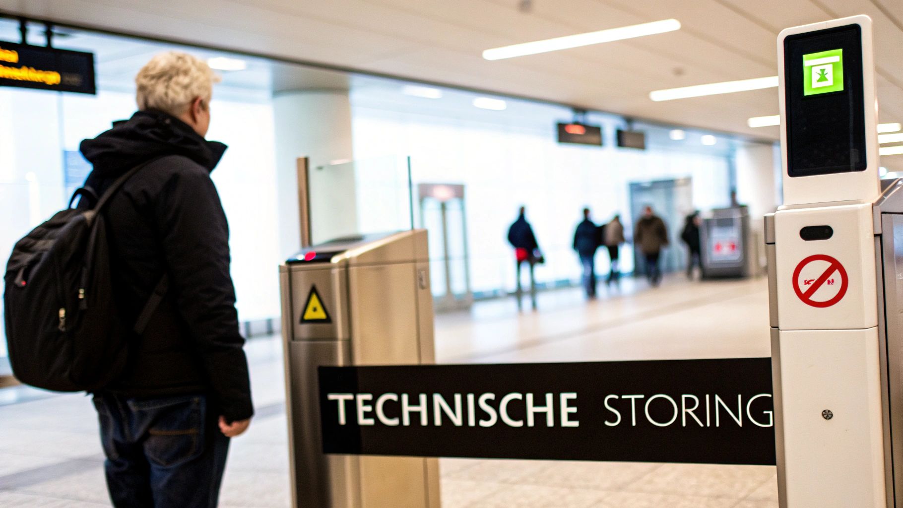 Een man met een rugzak staat voor een tourniquet met een "Technische Storing" bord.