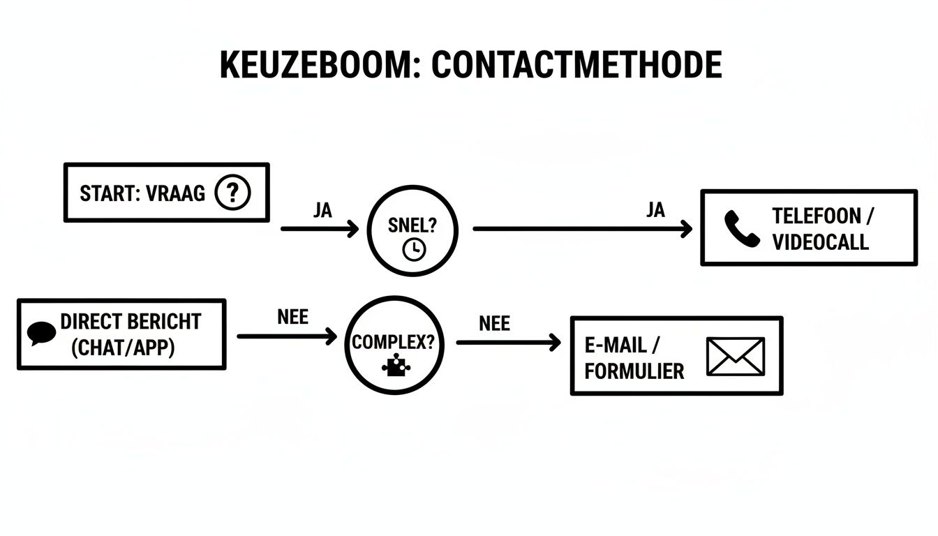 Een stroomschema toont een keuzeboom voor contactmethoden: startend met een vraag, leidend tot telefoon, chat of e-mail.