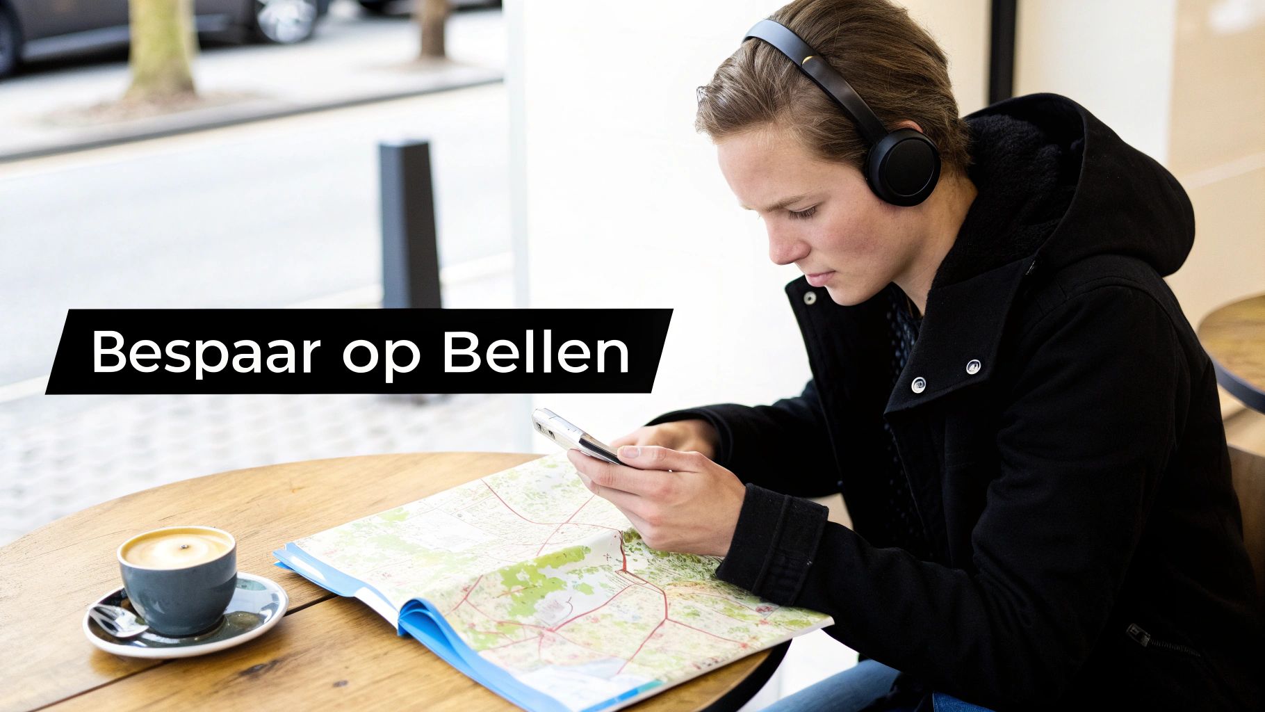 Jonge man met koptelefoon bekijkt telefoon en kaart, met koffie op tafel en de tekst 'Bespaar op Bellen'.