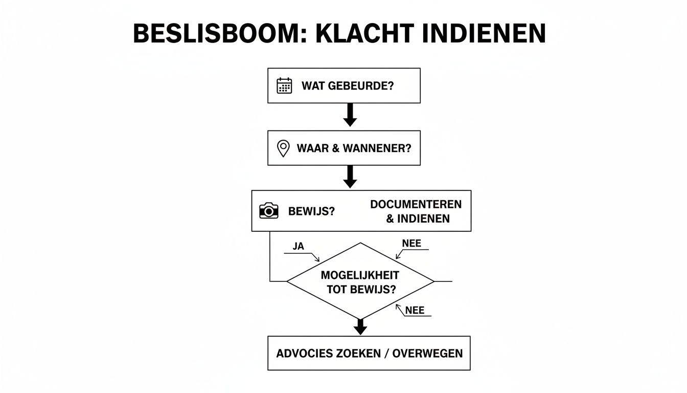 Stroomschema 'BESLISBOOM: KLACHT INDIENEN' toont de stappen voor het indienen van een klacht, inclusief bewijs en juridisch advies.