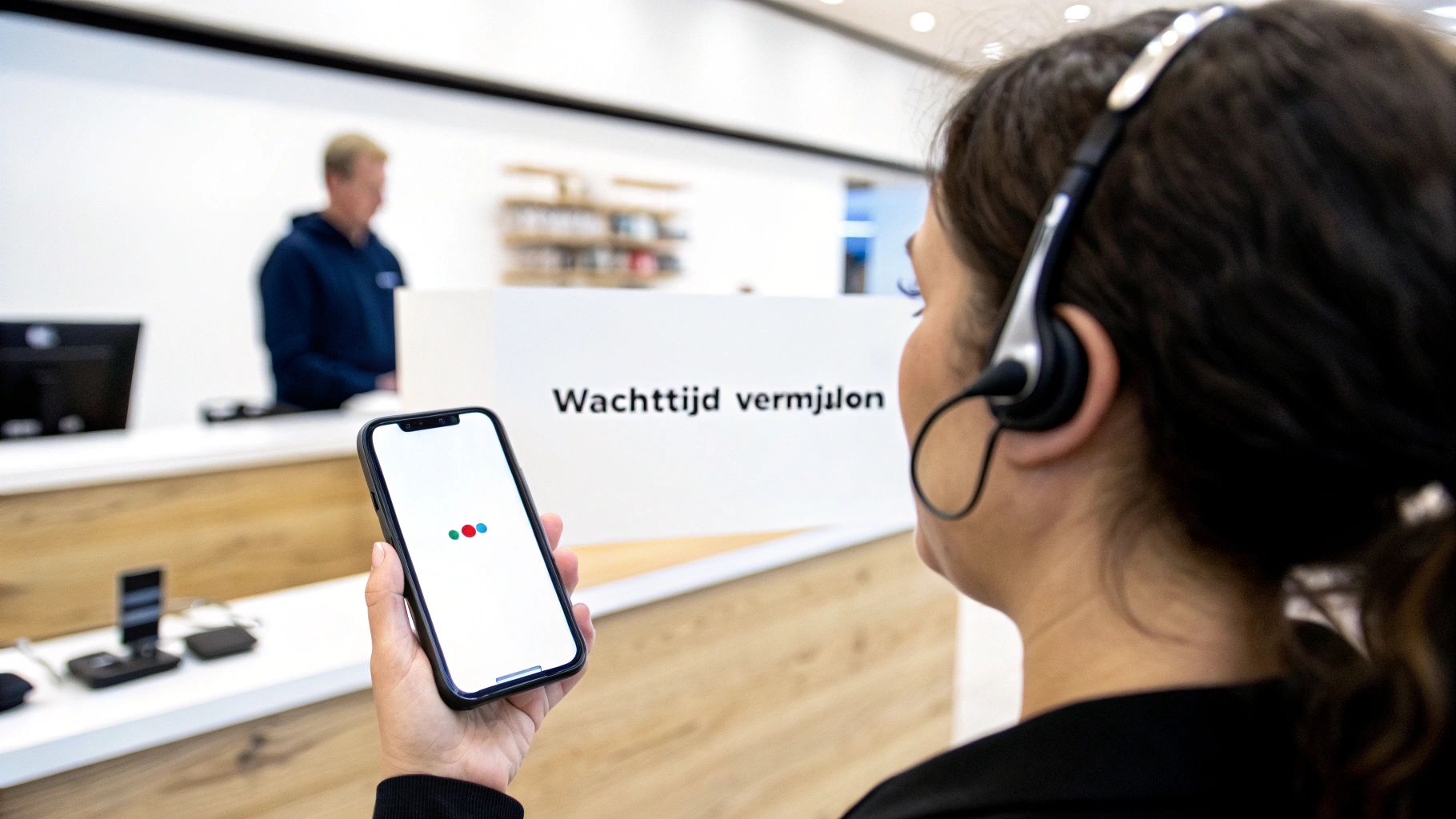 Een persoon die een smartphone vasthoudt en een smartphone vasthoudt en een nummer intoetst, met een koptelefoon op.