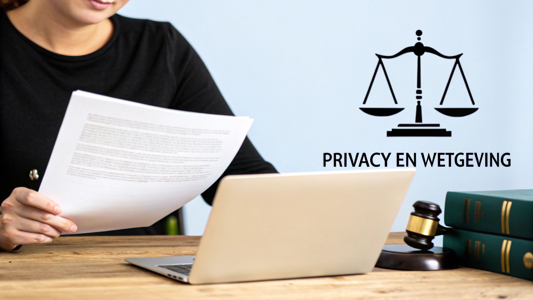 Vrouw bestudeert documenten met laptop, wetboeken en een symbool van rechtvaardigheid met de tekst "Privacy en Wetgeving".