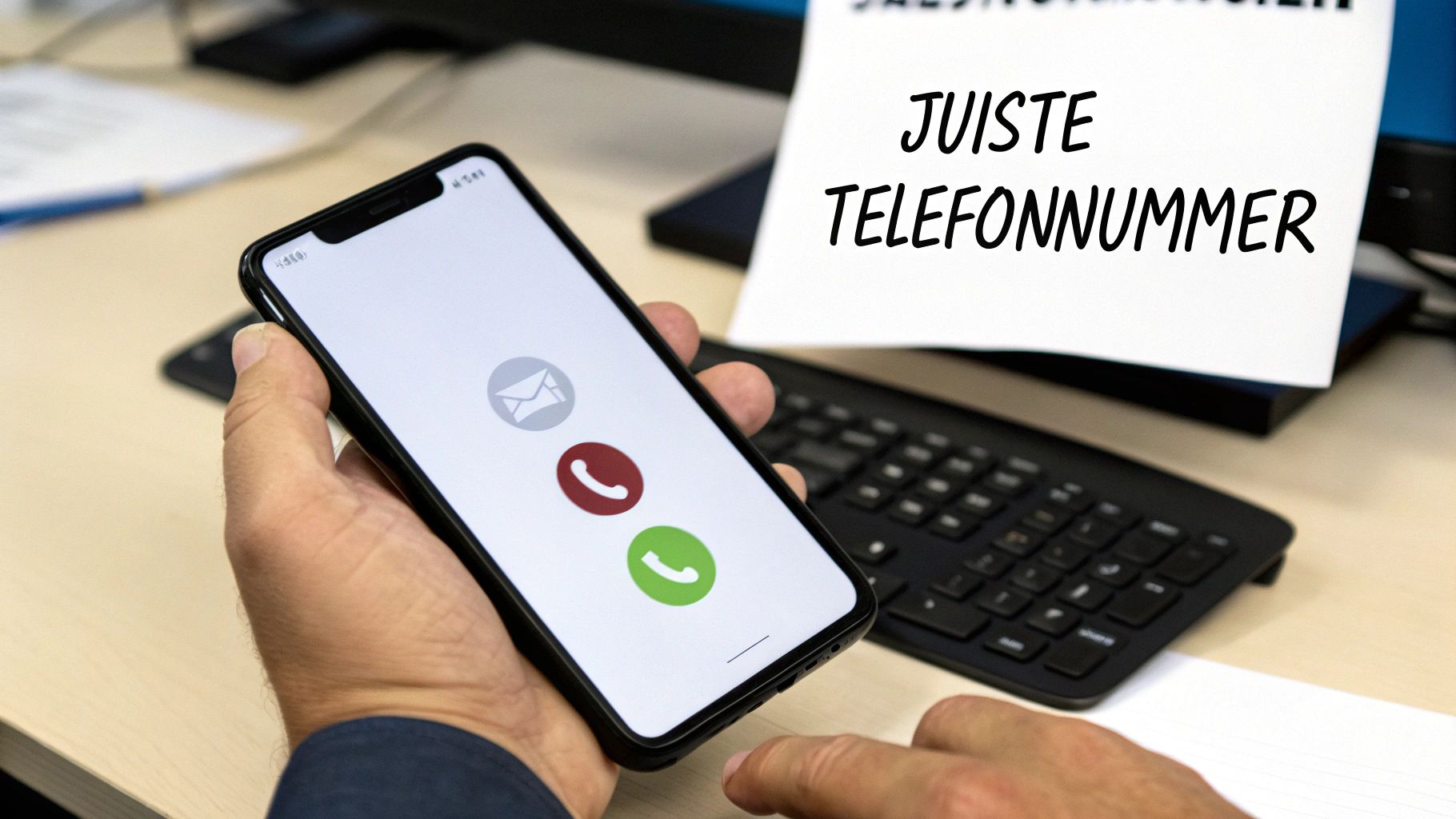 Een hand houdt een smartphone vast met een oproepscherm, inclusief accept- en weigerknoppen. Op de achtergrond een briefje met 'JUISTE TELEFOONNUMMER'.