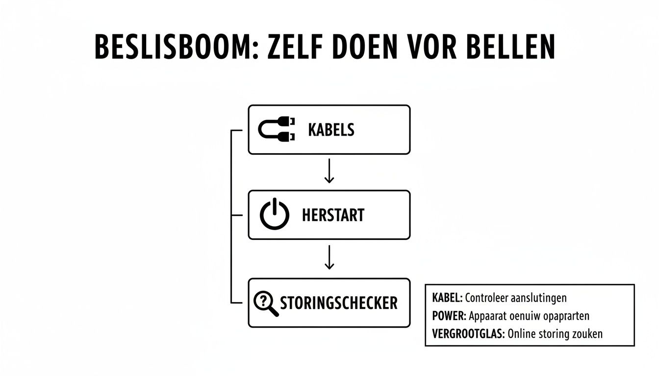Een beslisboom stroomschema over zelf storingen oplossen met kabels, herstarten en een storing checker.
