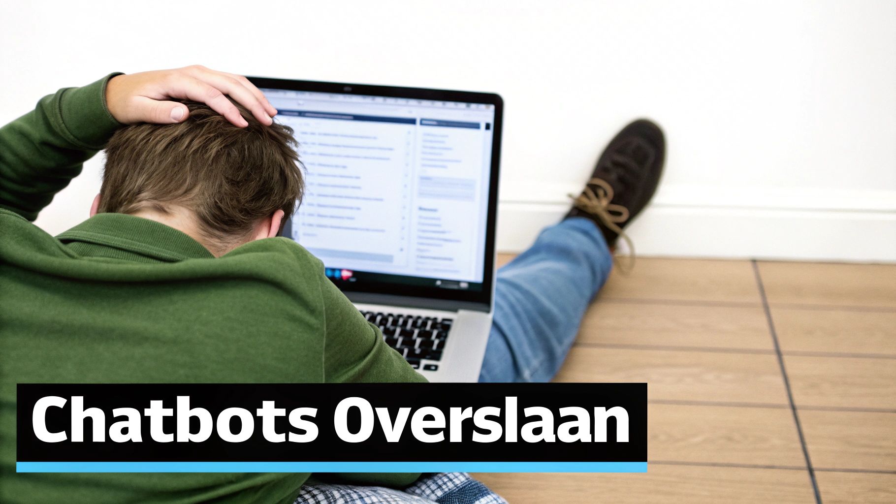 Persoon zit gehurkt op de vloer, kijkt geconcentreerd naar een laptop. Hand op het hoofd, suggereert diep nadenken.