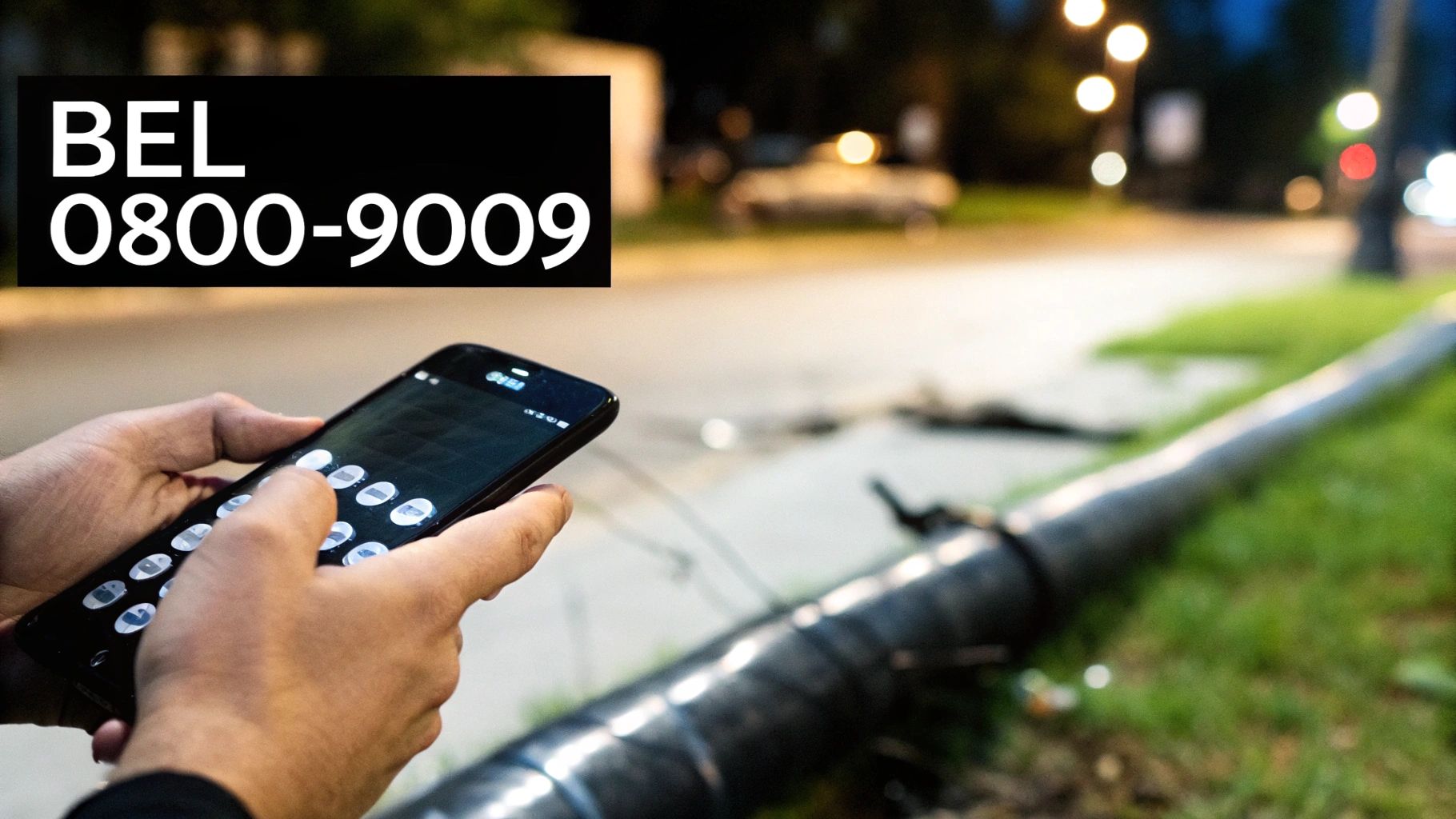 Persoon belt met smartphone het nummer 0800-9009, mogelijk wegens schade aan een paal op straat.