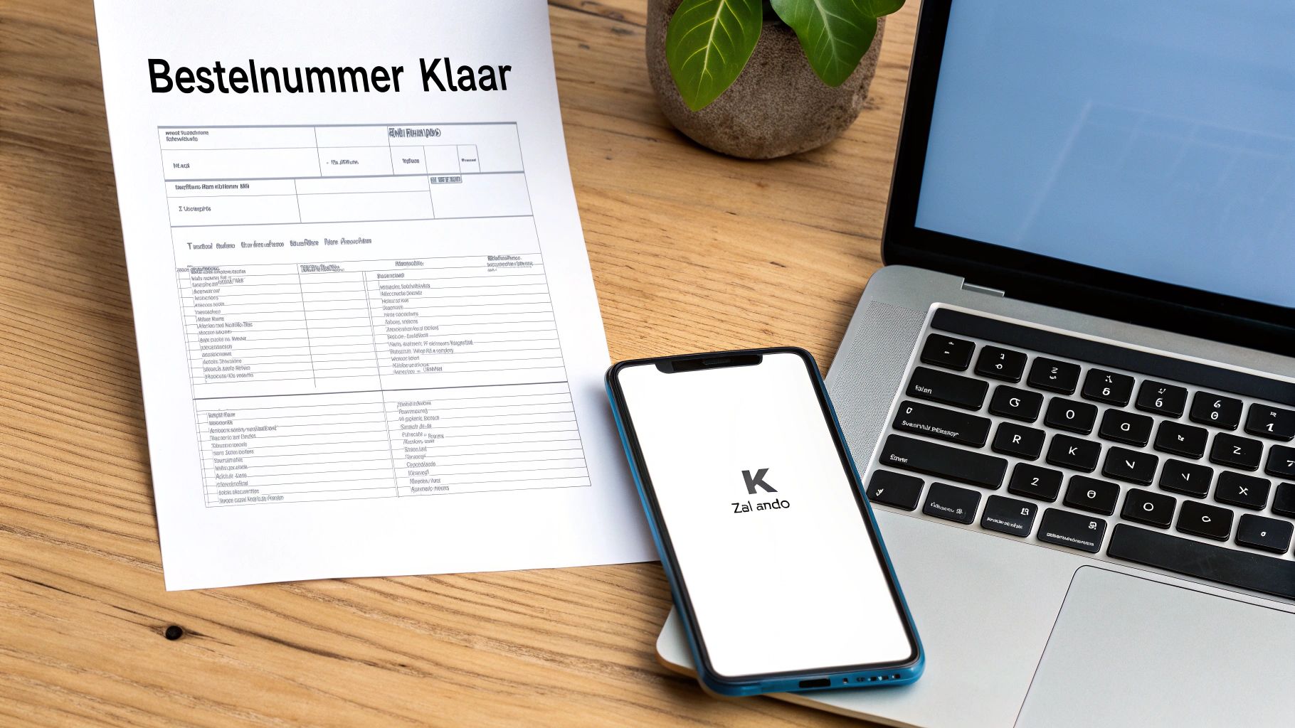 Een document met 'Bestelnummer Klaar', een smartphone met het Zalando logo, een laptop en een plant op een houten bureau.