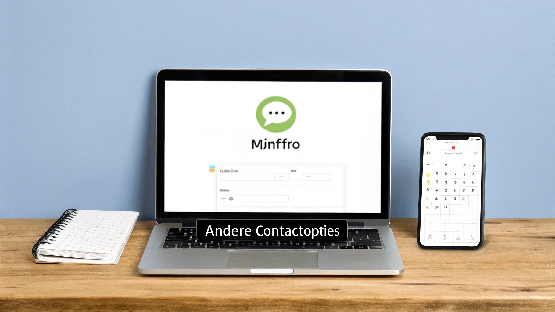 Een laptop en smartphone op een houten bureau, met contactopties op de schermen.