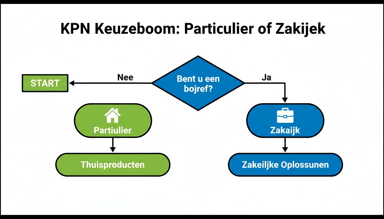KPN keuzeboom stroomdiagram voor het kiezen tussen particuliere en zakelijke diensten, beginnend met de vraag 'Bent u een bedrijf?'