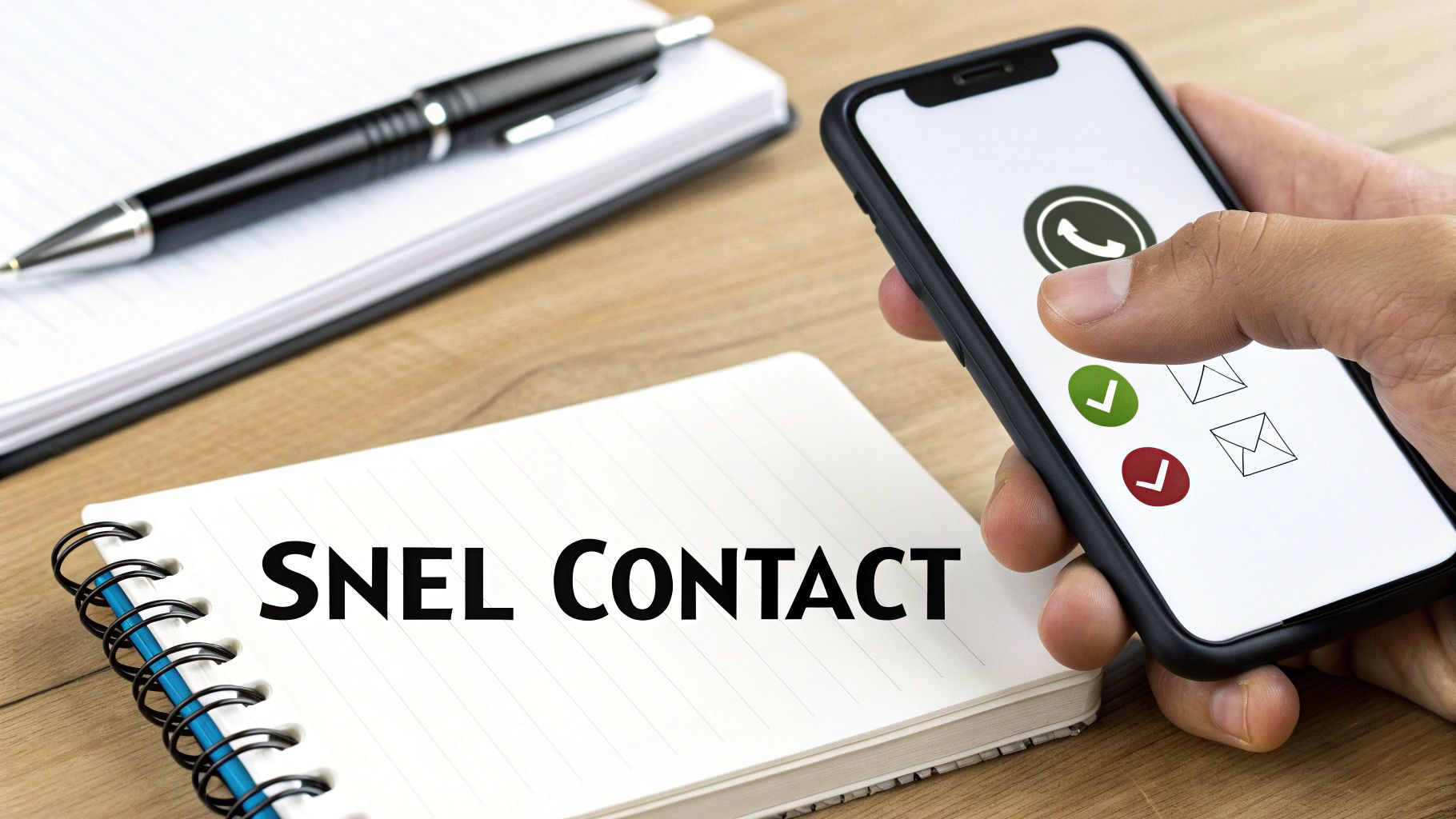 Een hand houdt een smartphone vast met contactopties naast een notitieboekje met de tekst 'SNEL CONTACT' en een pen.