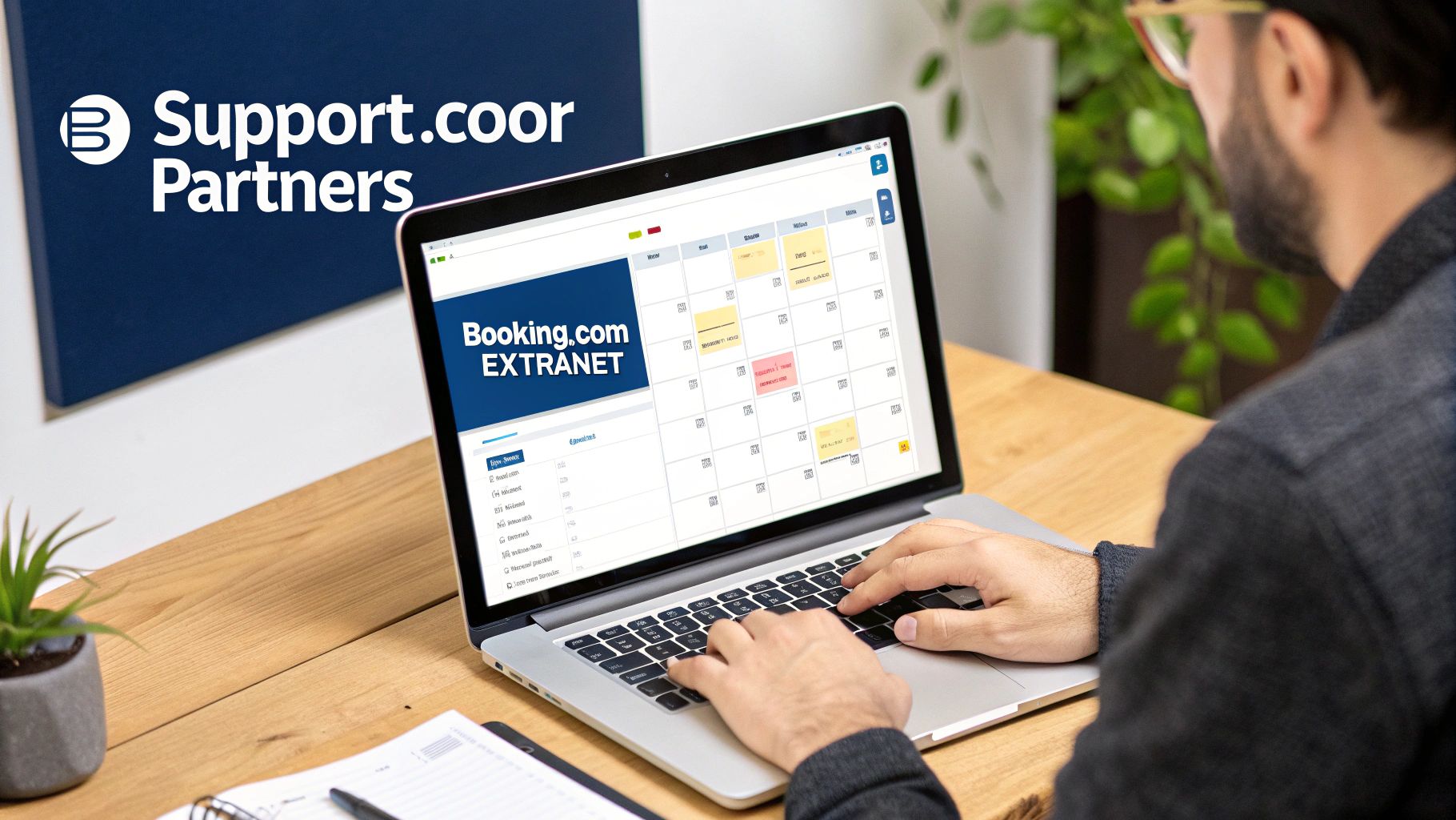 Man werkt op een laptop aan het Booking.com Extranet met een kalender, Support.coor Partners logo op de achtergrond.