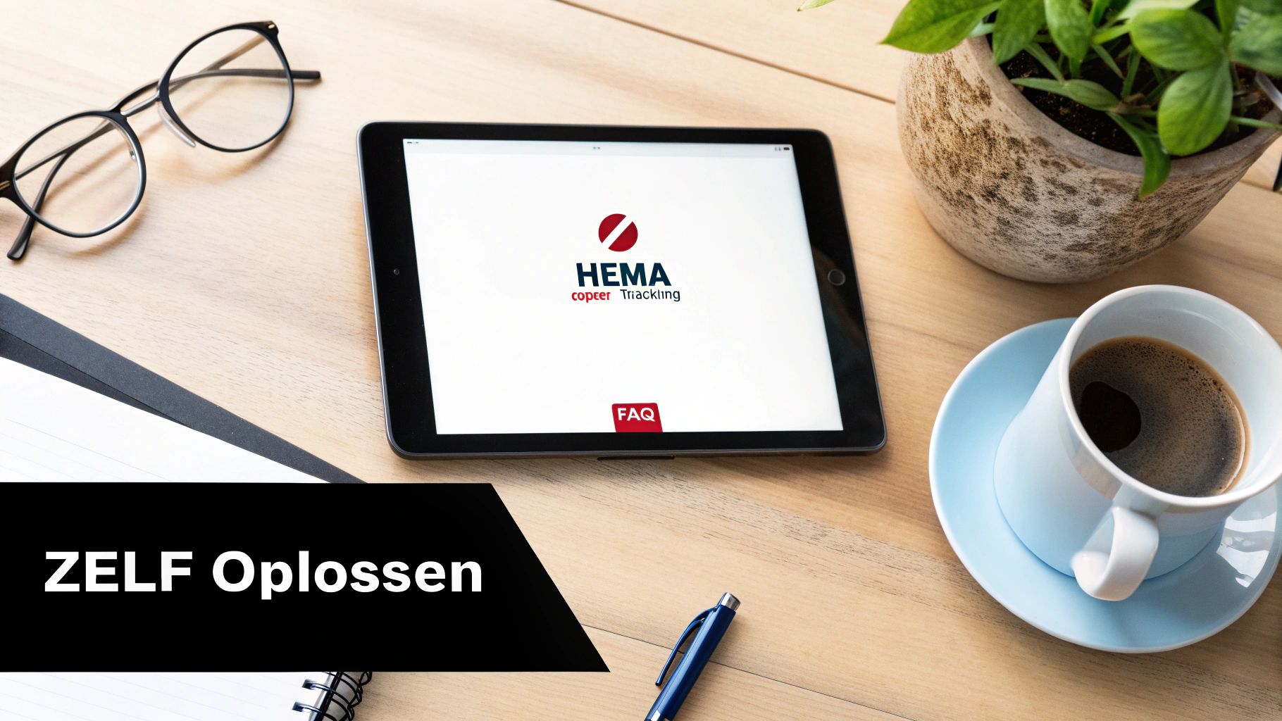 Bovenaanzicht van een bureau met tablet (HEMA logo), brillen, koffie en plant. Prominent: 'ZELF Oplossen'.
