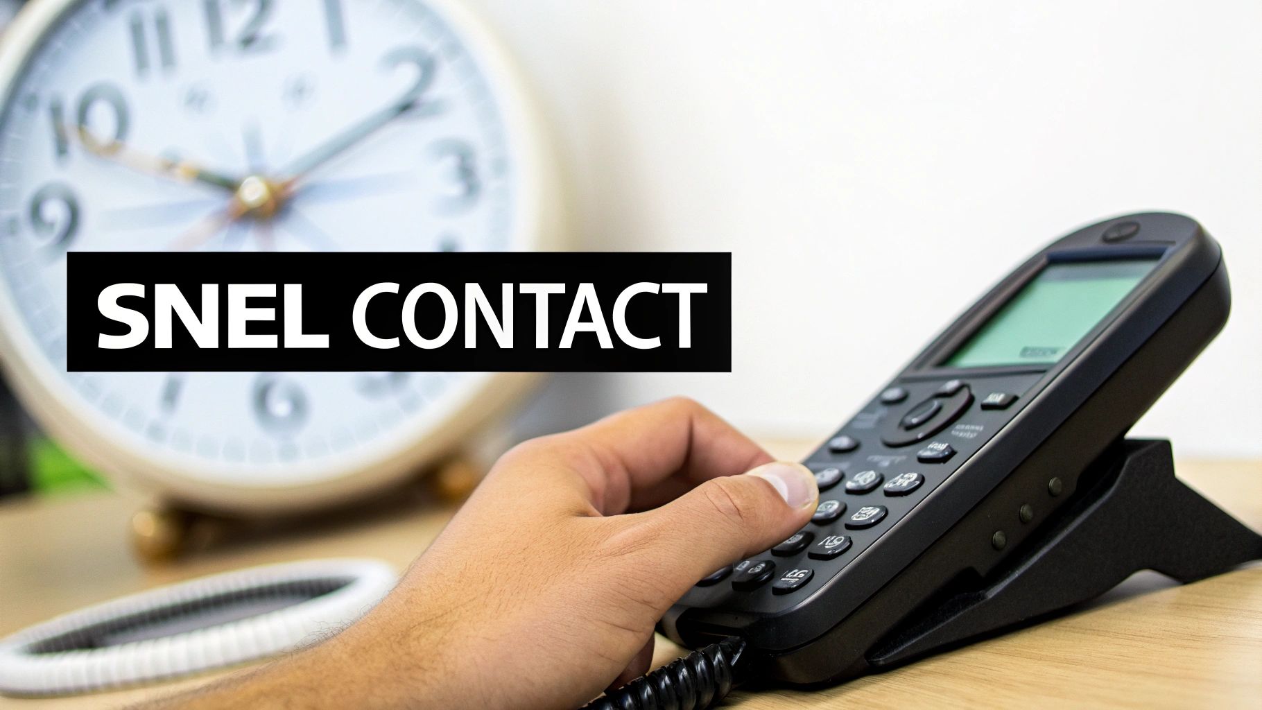 Hand kiest nummer op een vaste telefoon, met een klok op de achtergrond en de tekst 'SNEL CONTACT'.