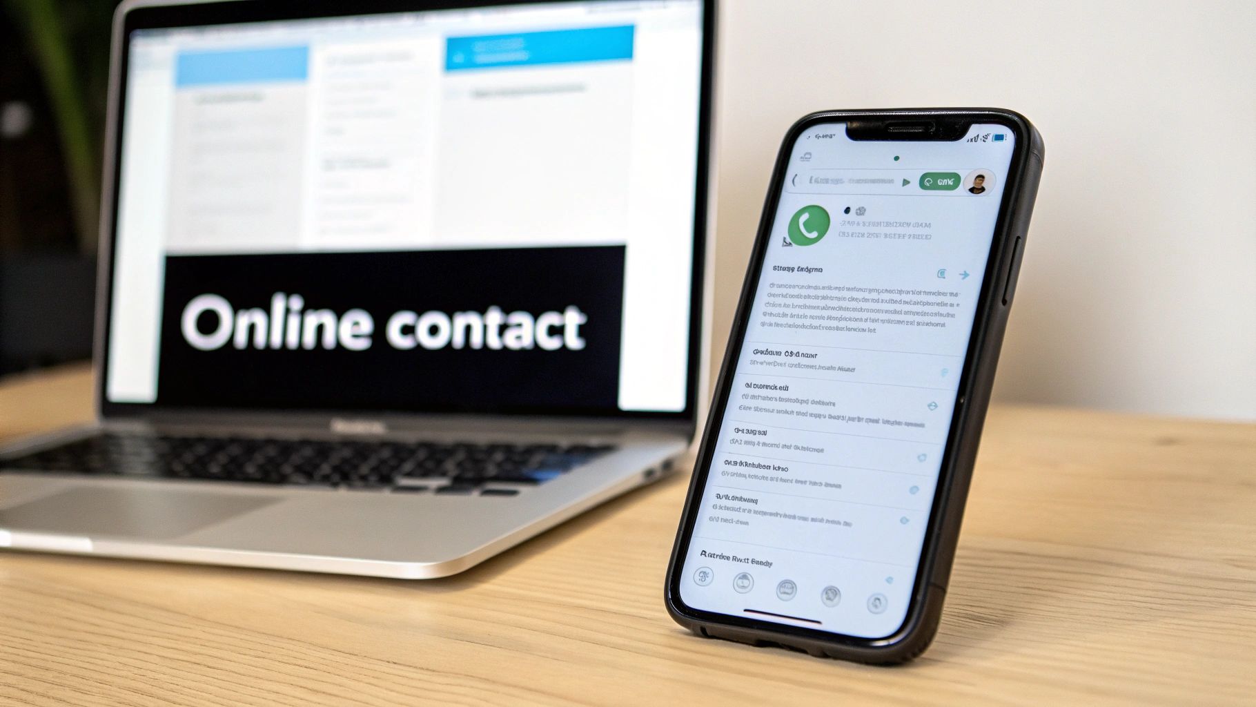 Een laptop met 'Online contact' op het scherm en een smartphone met een communicatie-app op een houten bureau.