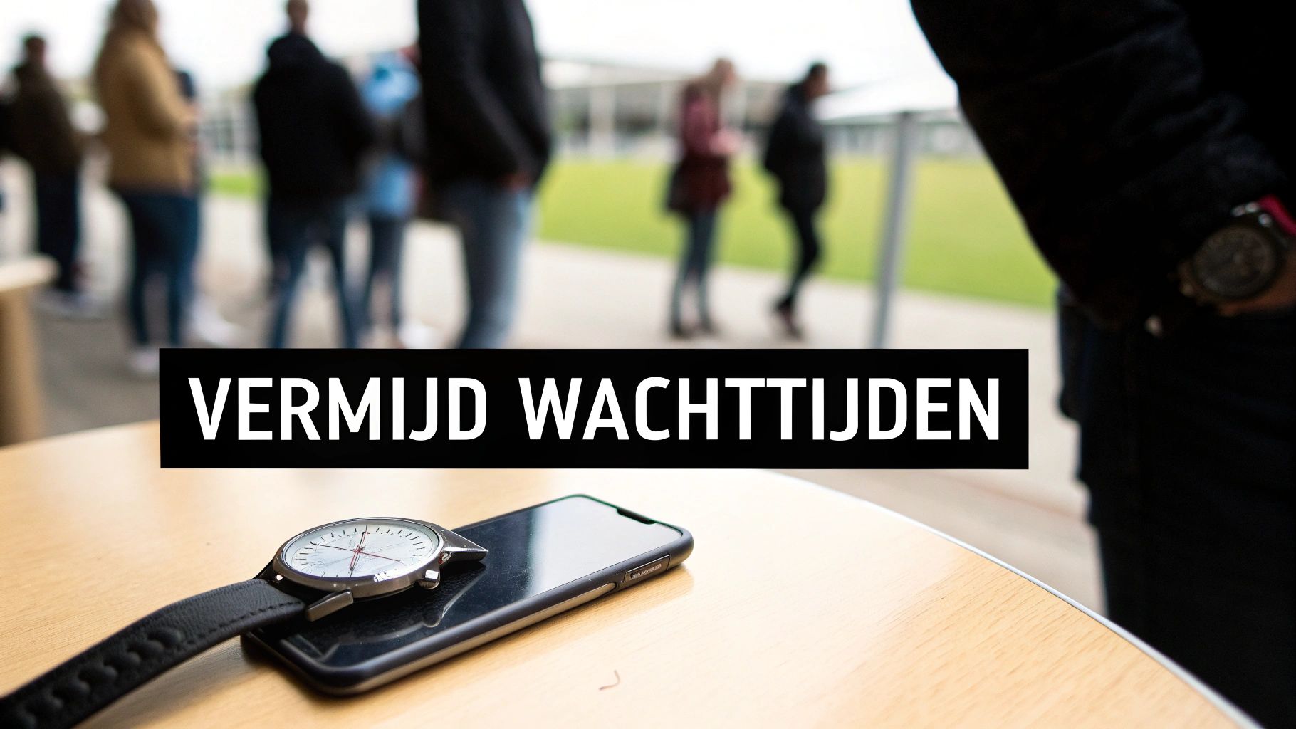 Een horloge en smartphone liggen op een tafel met een banner 'VERMIJD WACHTTIJDEN', terwijl mensen wachten op de achtergrond.