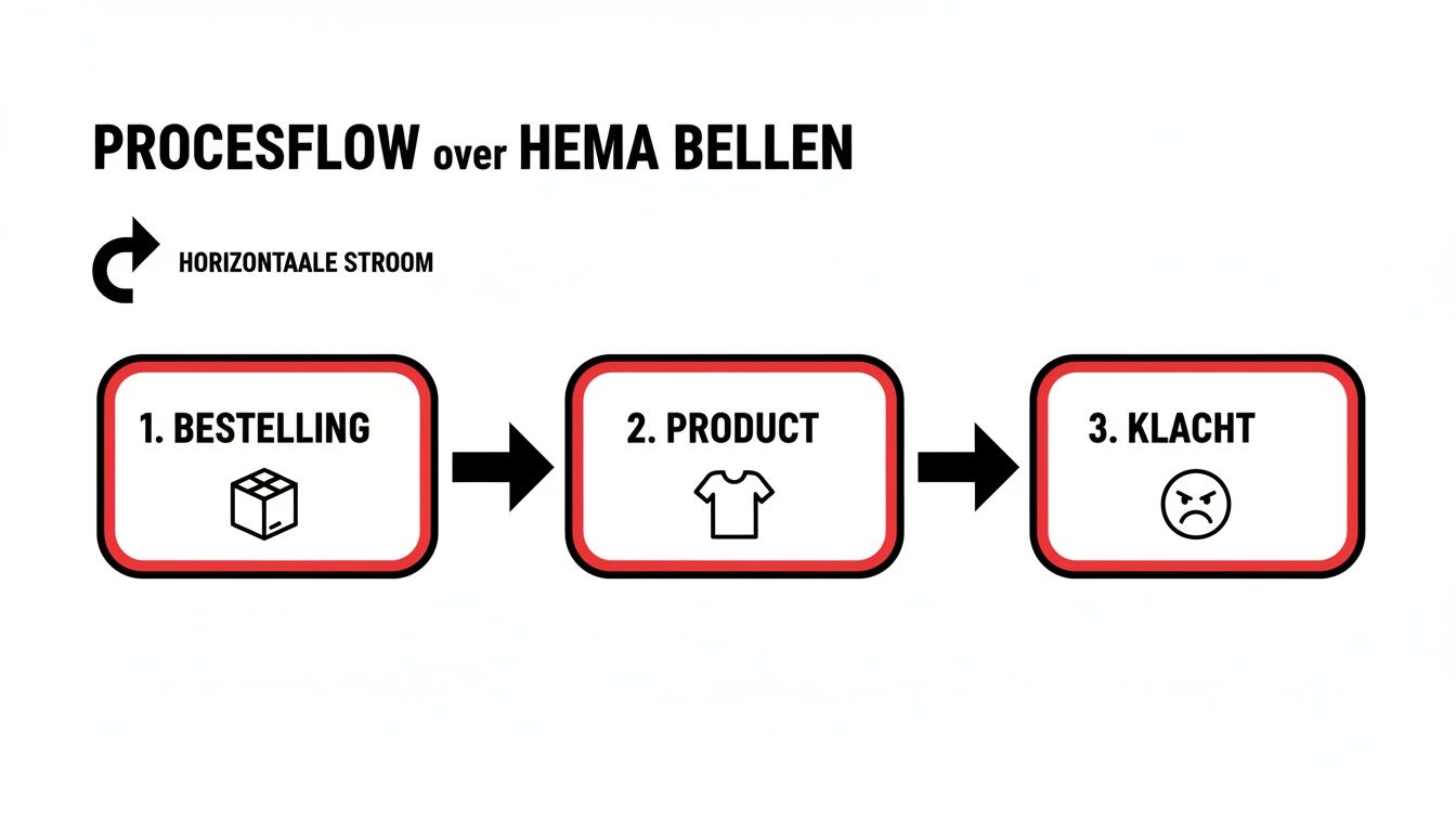 Processtroomdiagram van HEMA Bellen, met stappen voor bestelling, product en klachtbehandeling.