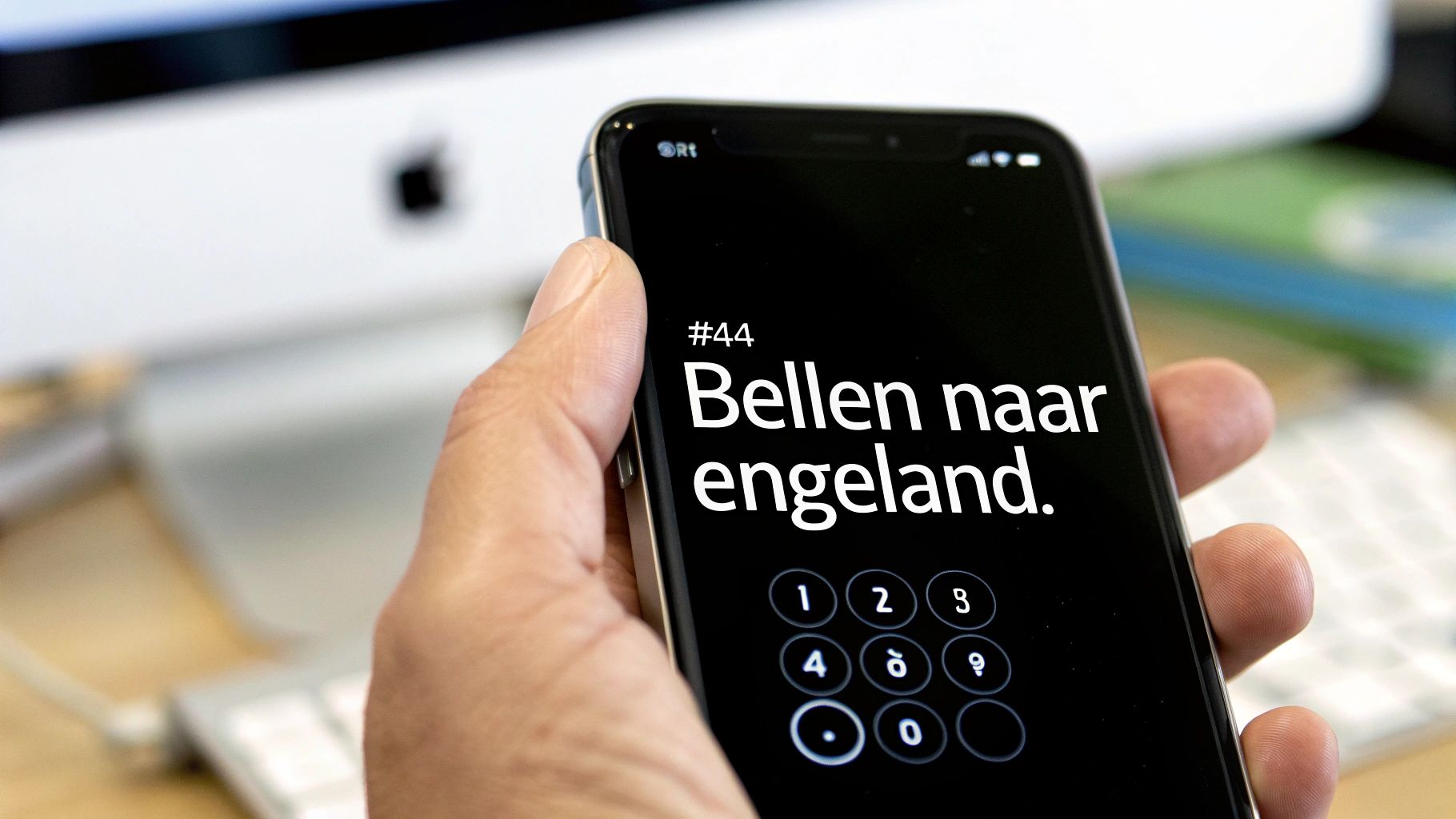 Persoon belt naar Engeland met smartphone, toont landnummer #44 en dialpad op scherm.