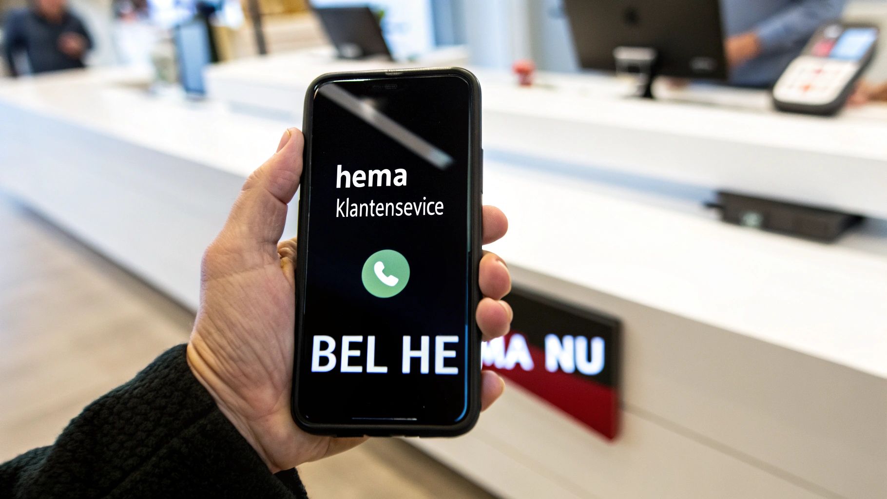 Persoon belt met de Hema klantenservice via een smartphone. Op het scherm staat 'hema Klantenservice' en 'BEL HEMA NU'.