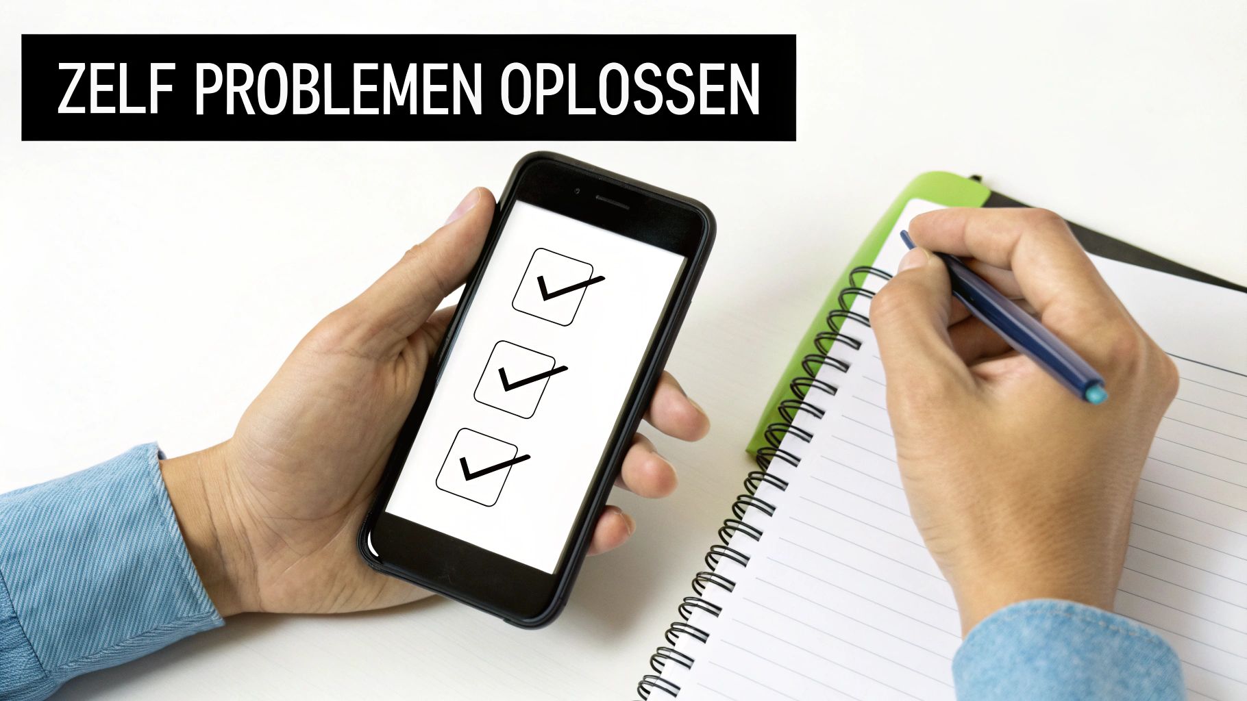 Een persoon houdt een telefoon vast met een checklist en schrijft in een notitieboekje, met de tekst 'ZELF PROBLEMEN OPLOSSEN'.