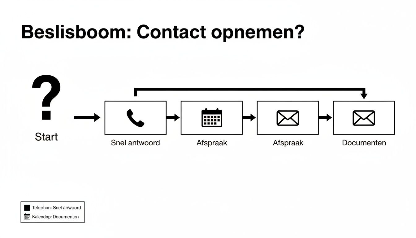 Beslisboom voor contact opnemen met de gemeente. Opties zijn snel antwoord, afspraak via telefoon/agenda en documenten per e-mail.