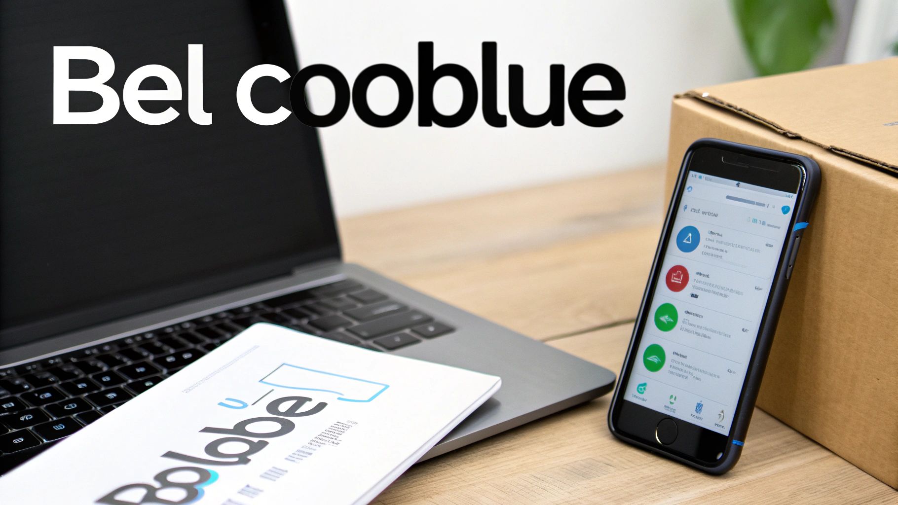 Een werkplek met een laptop, smartphone met app, document en kartonnen doos op een houten bureau.