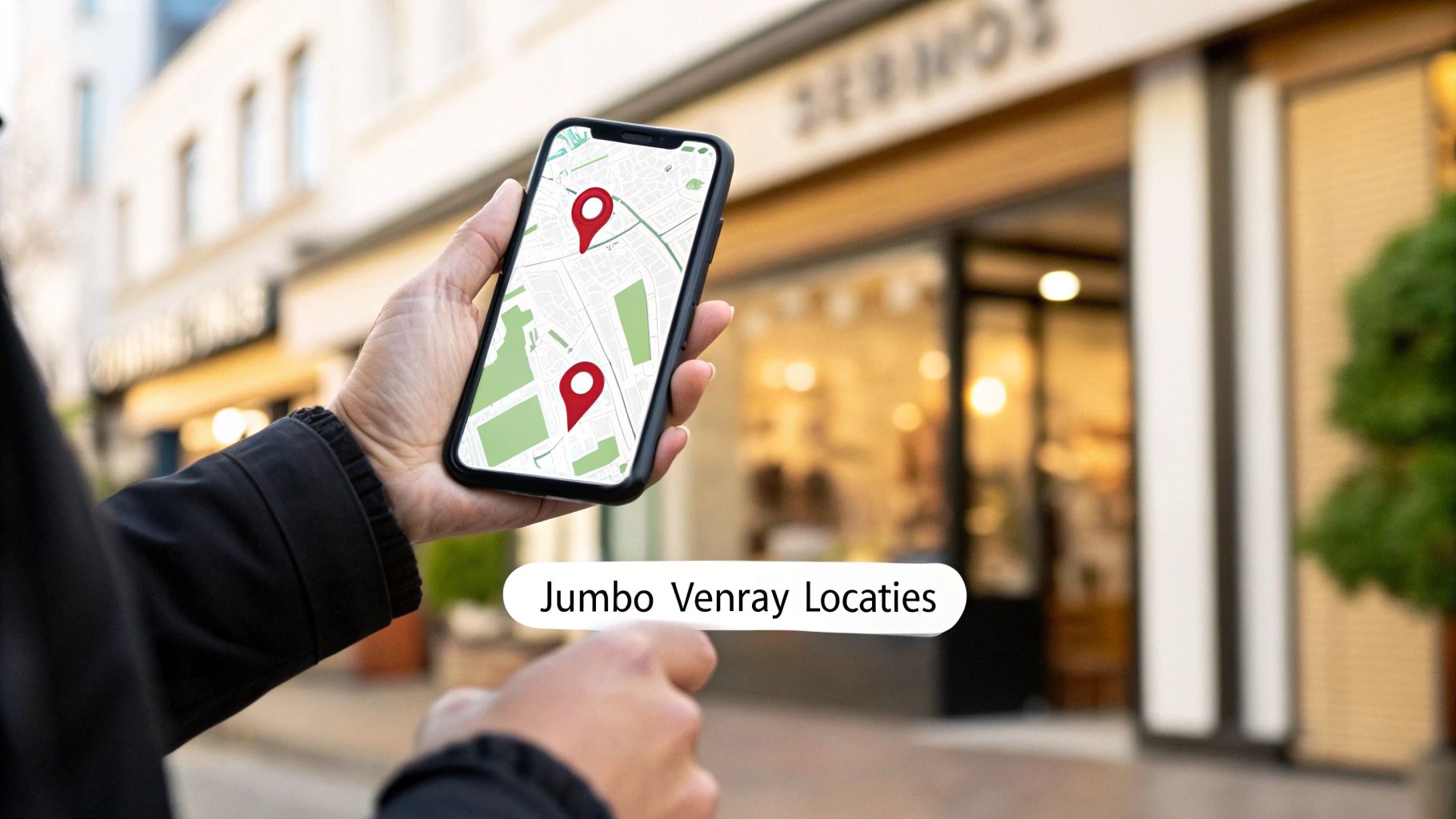 Een hand houdt een smartphone vast met daarop een kaart met twee gemarkeerde locaties. Op de achtergrond is een wazige winkelstraat te zien met een winkelpand. De tekst 'Jumbo Venray Locaties' staat over de afbeelding.