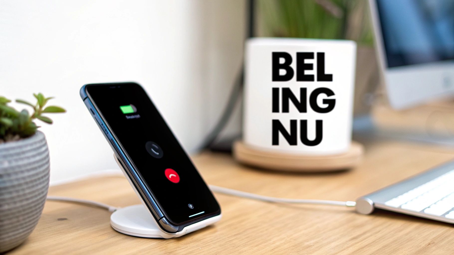 Een blauwe iPhone op een draadloze oplader toont een inkomende oproep op een houten bureau.