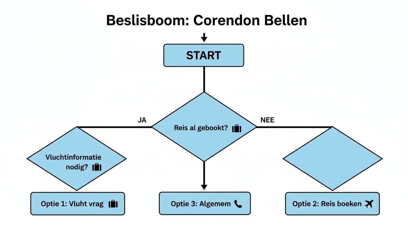 Flowchart toont de beslisboom voor Corendon-klanten, met keuzes voor geboekte reizen, vluchtinformatie of nieuwe boekingen.