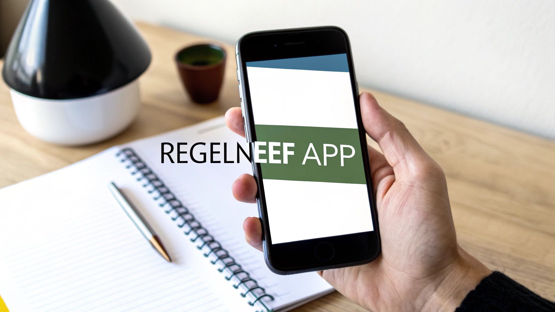 Een hand houdt een smartphone vast met de tekst 'REGELNEEF APP' op het scherm, naast een notitieboek en pen op een houten bureau.