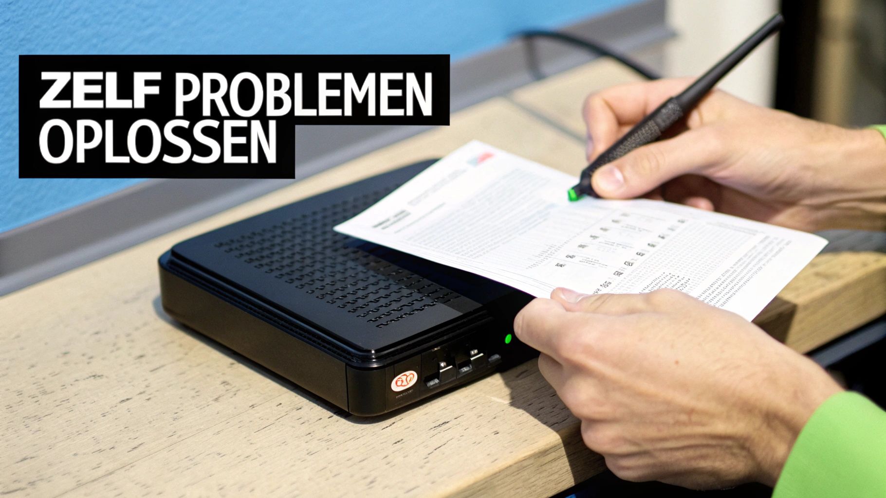 Een persoon lost problemen op door documenten te lezen naast een modem, met de tekst 'ZELF PROBLEMEN OPLOSSEN'.