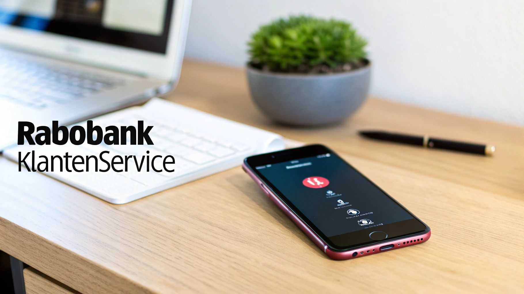 Bureau met laptop, plant, telefoon met oproepscherm en de tekst Rabobank KlantenService.
