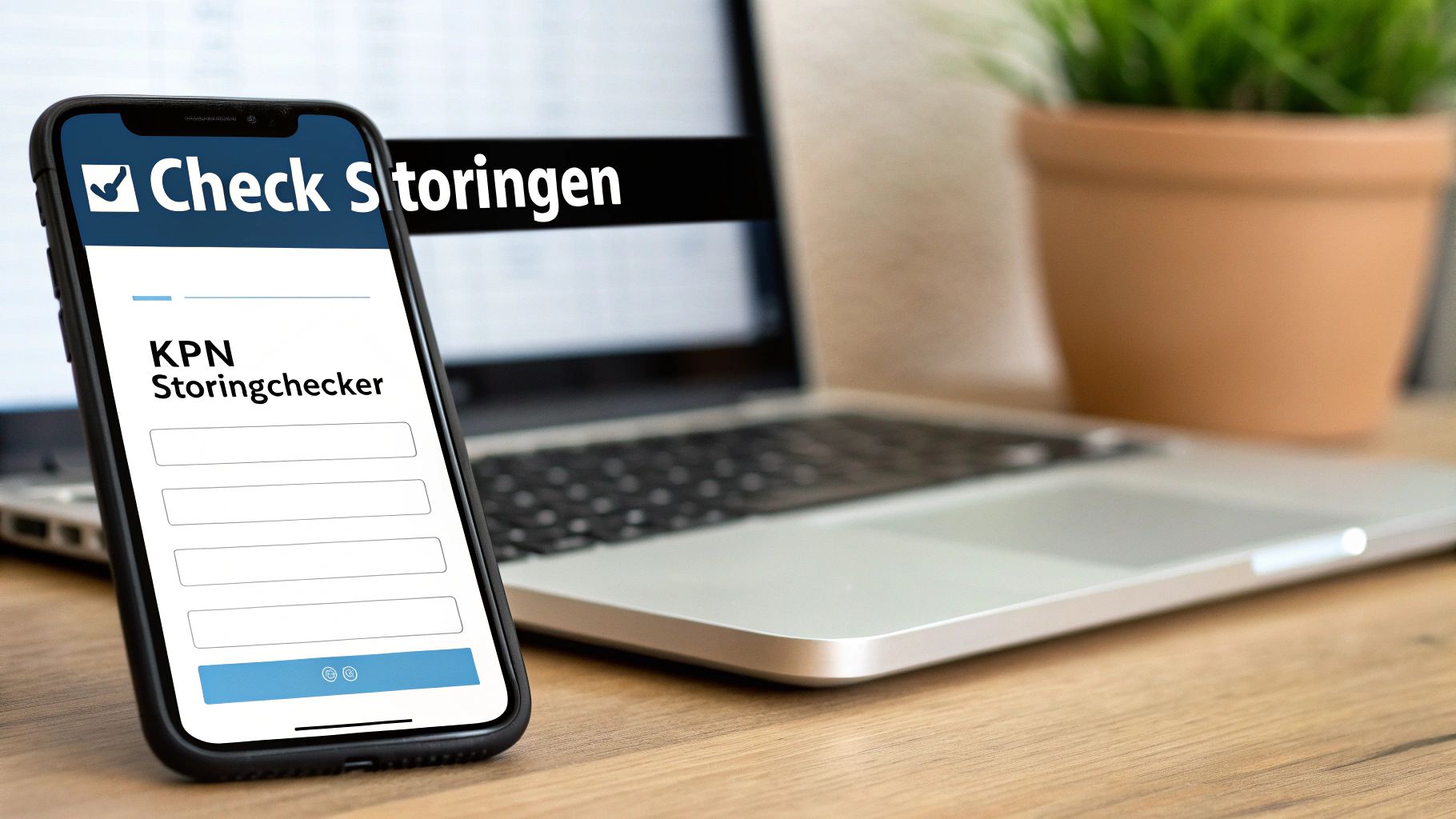 Smartphone met KPN Storingchecker app en laptop tonen informatie over het controleren van storingen.