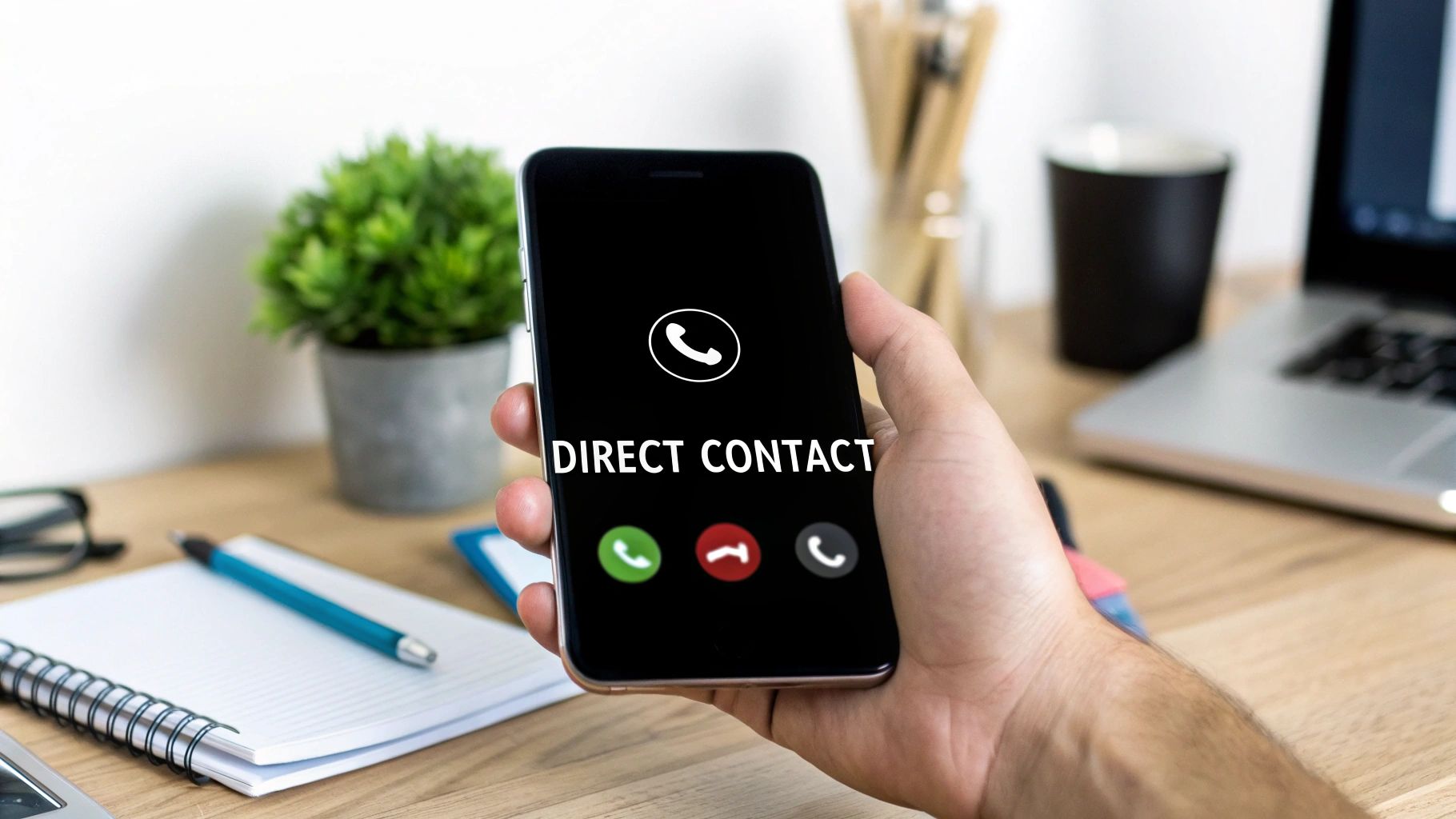 Een hand houdt een smartphone vast met 'DIRECT CONTACT' en beliconen, op een bureau met kantoorartikelen.