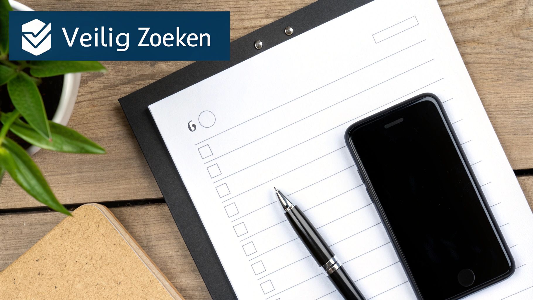 Een checklist-icoon naast een vergrootglas en een schild, wat veilig zoeken symboliseert