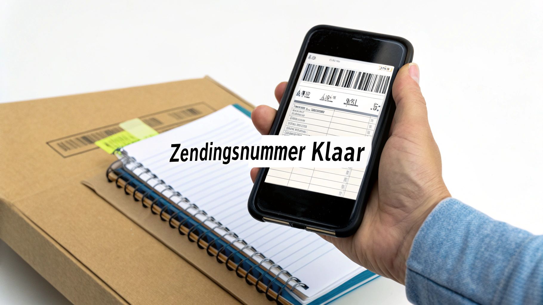Een hand houdt een smartphone met streepjescode en tekst, naast een notitieboekje en kartonnen doos. 'Zendingsnummer Klaar' staat erop.