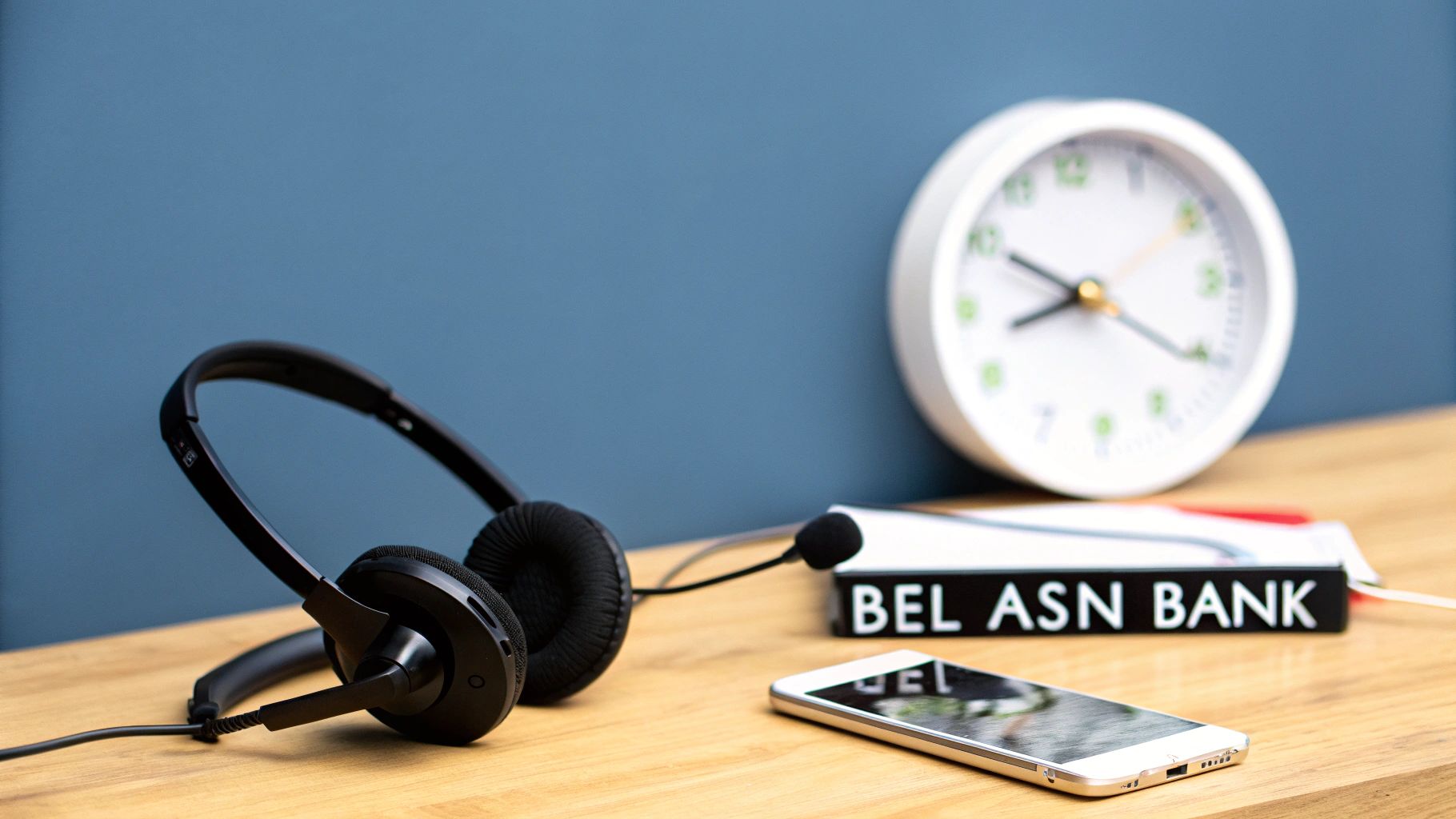 Zwarte koptelefoon met microfoon, smartphone, klok en een bordje "BEL ASN BANK" op een houten bureau.