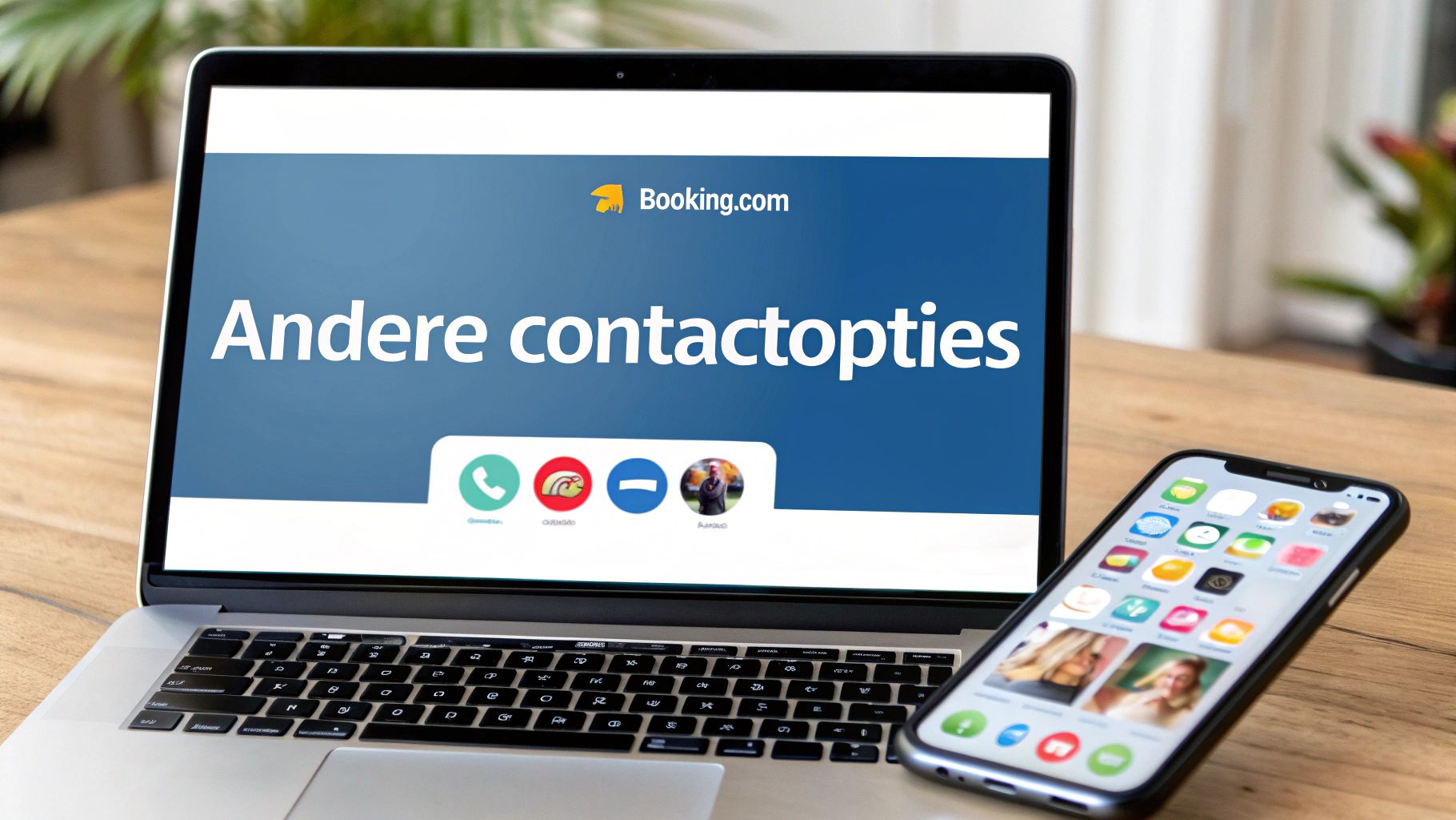 Laptop met Booking.com scherm toont contactopties, inclusief bel- en chatpictogrammen, naast een smartphone op een houten tafel.