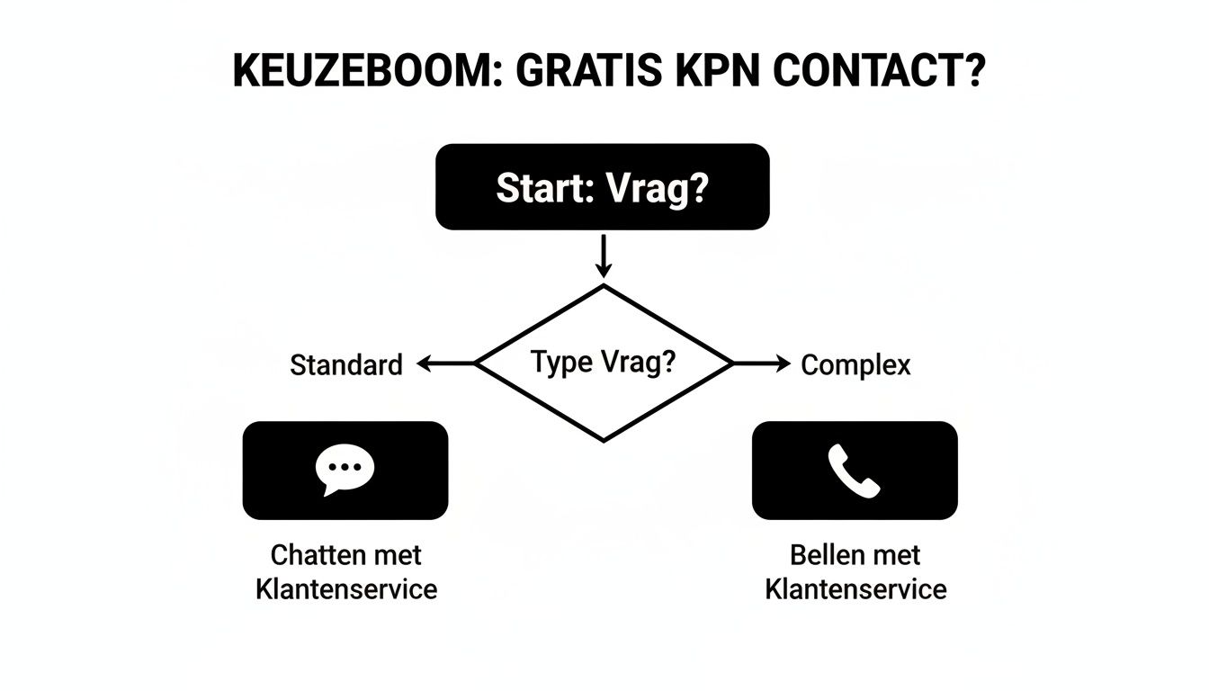 Stroomschema voor gratis KPN contact: keuze tussen chatten of bellen met klantenservice afhankelijk van vraagtype.