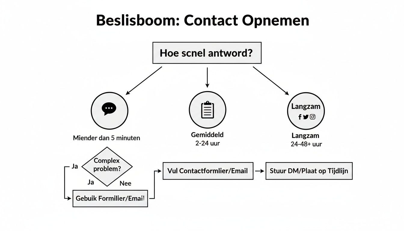 Een beslisboom over hoe snel antwoord verwacht kan worden bij contact opnemen, met verschillende kanalen en wachttijden.