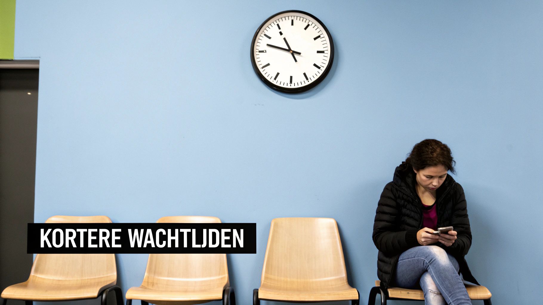 Vrouw zit op stoel en kijkt op telefoon in wachtkamer met klok en de tekst 'KORTERE WACHTLIJNEN'.
