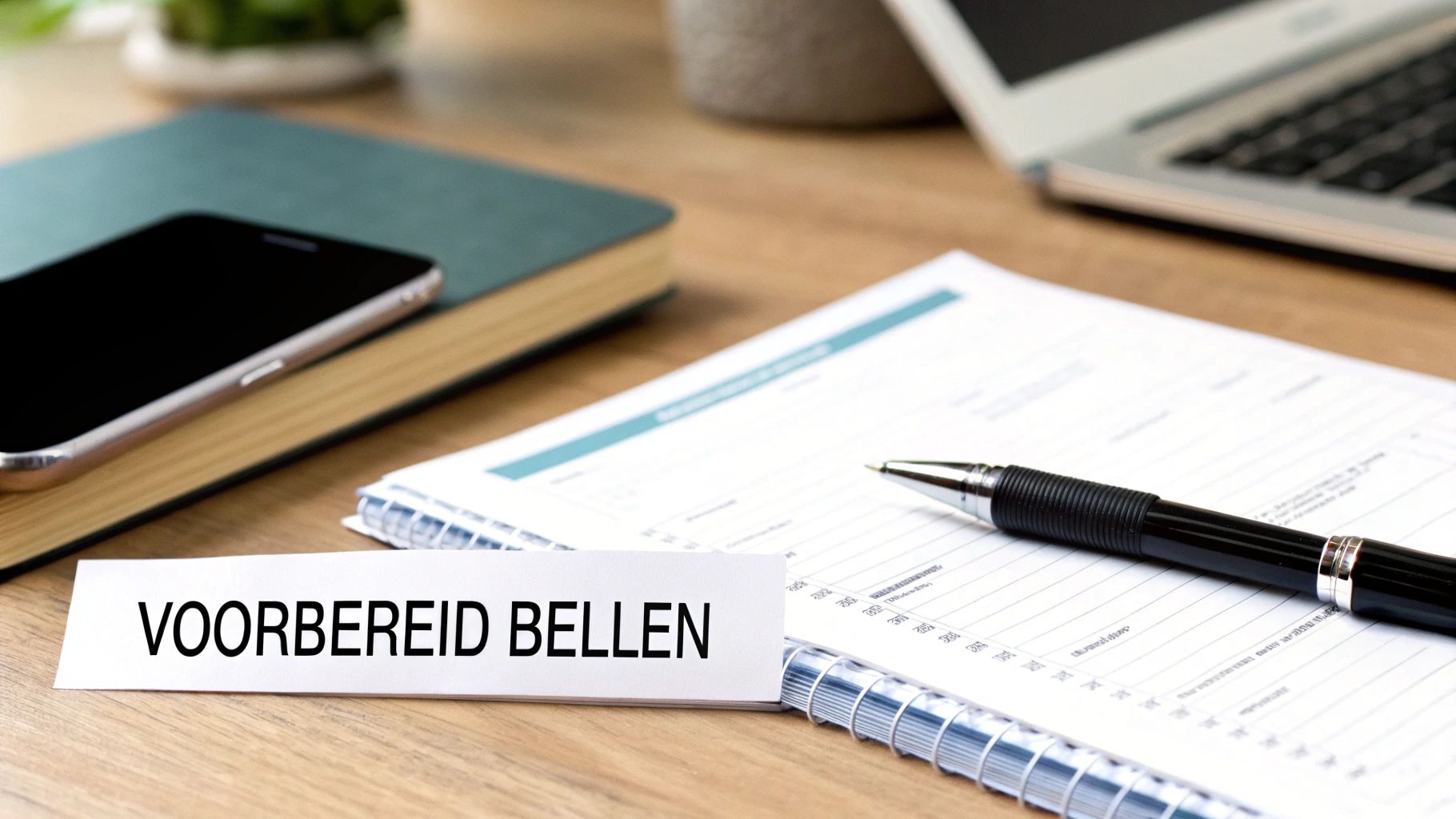Een close-up van een bureau met notitieboek, pen, smartphone en een kaartje met 'VOORBEREID BELLEN'.