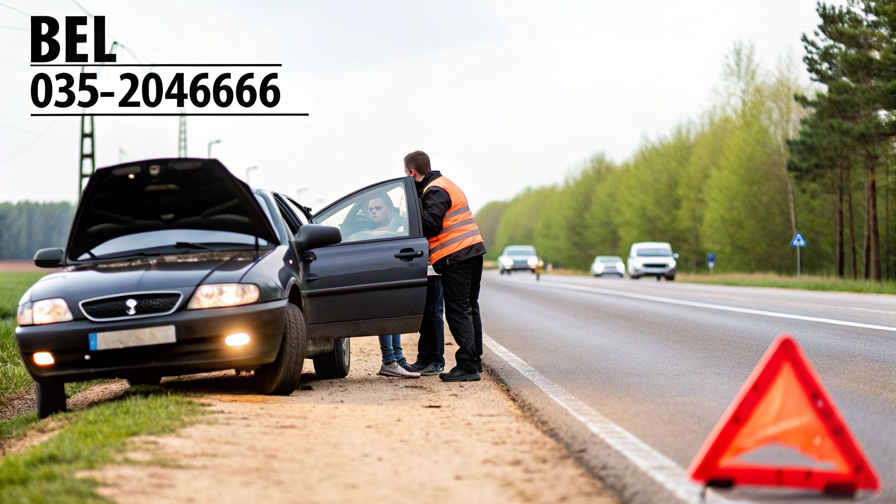 Een gele ANWB Wegenwacht auto die hulp verleent langs de weg