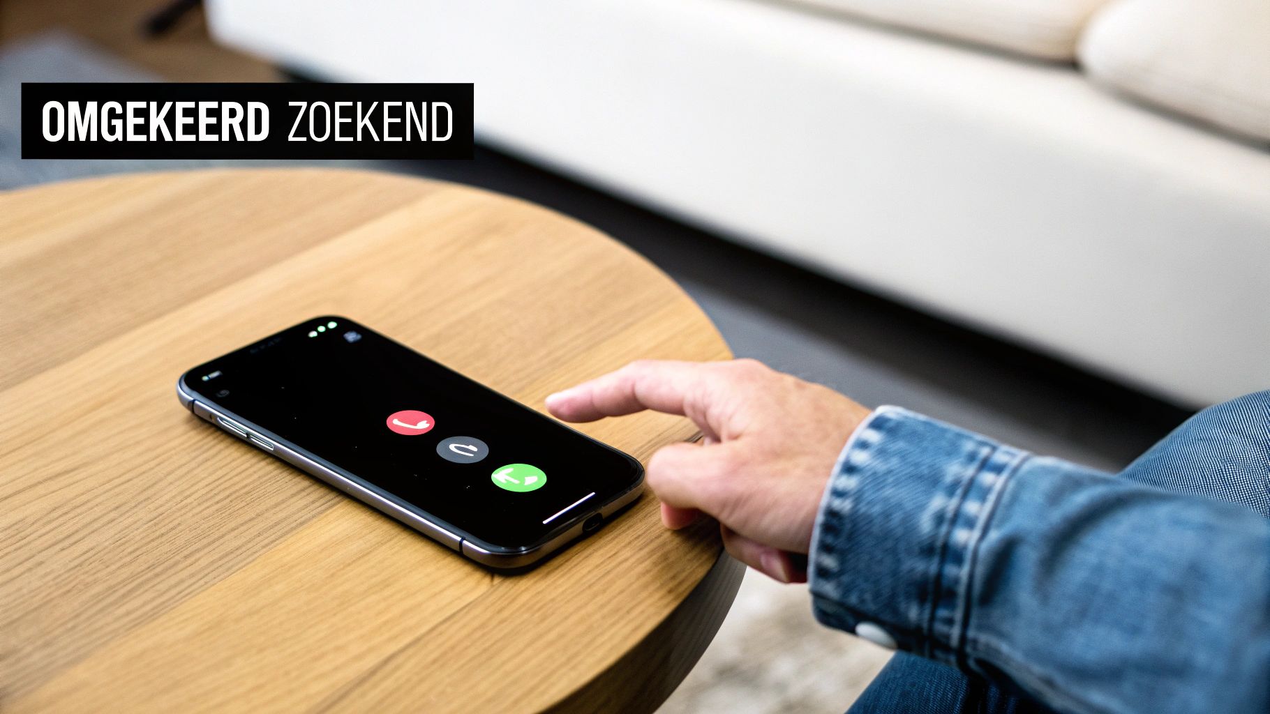 Een hand reikt naar een smartphone op een houten tafel, met oproepknoppen op het scherm en de tekst 'OMGEKEERD ZOEKENDE'.