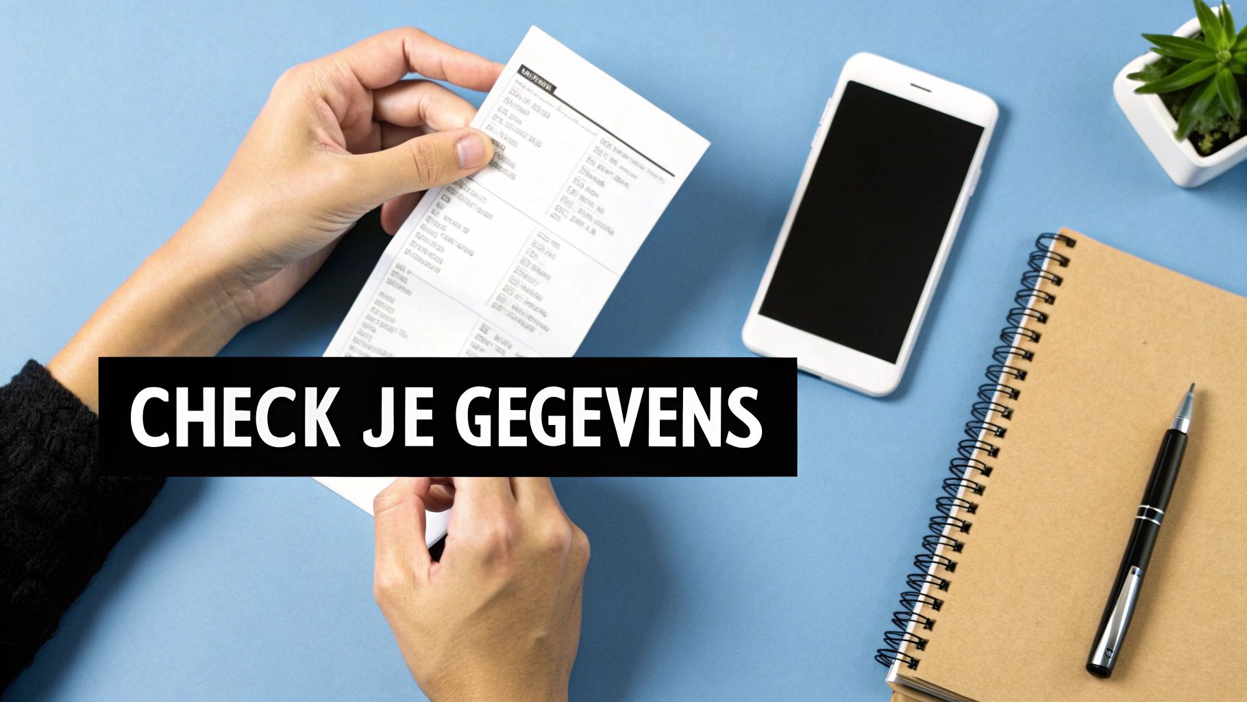 Handen houden een document vast met gegevens. Een smartphone, notitieboekje en pen liggen ernaast. De tekst 'CHECK JE GEGEVENS' staat op de voorgrond.