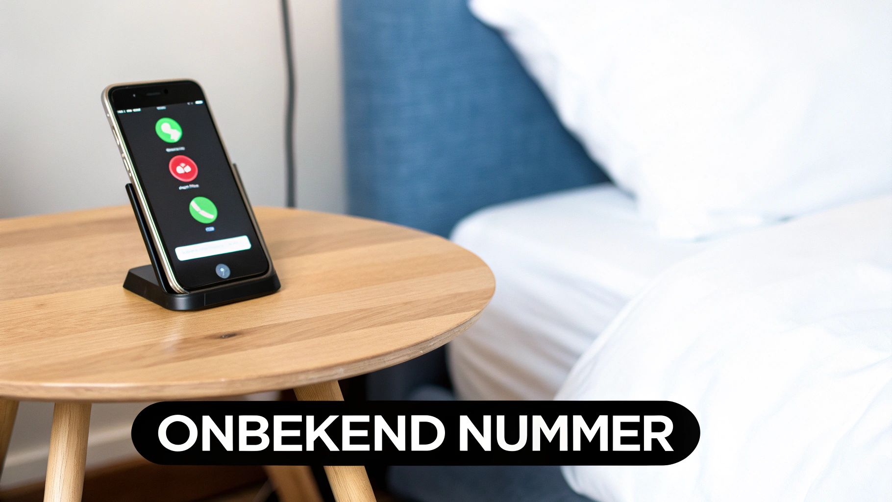 Een smartphone op een houten nachtkastje naast een bed, met de melding 'ONBEKEND NUMMER' op het scherm.