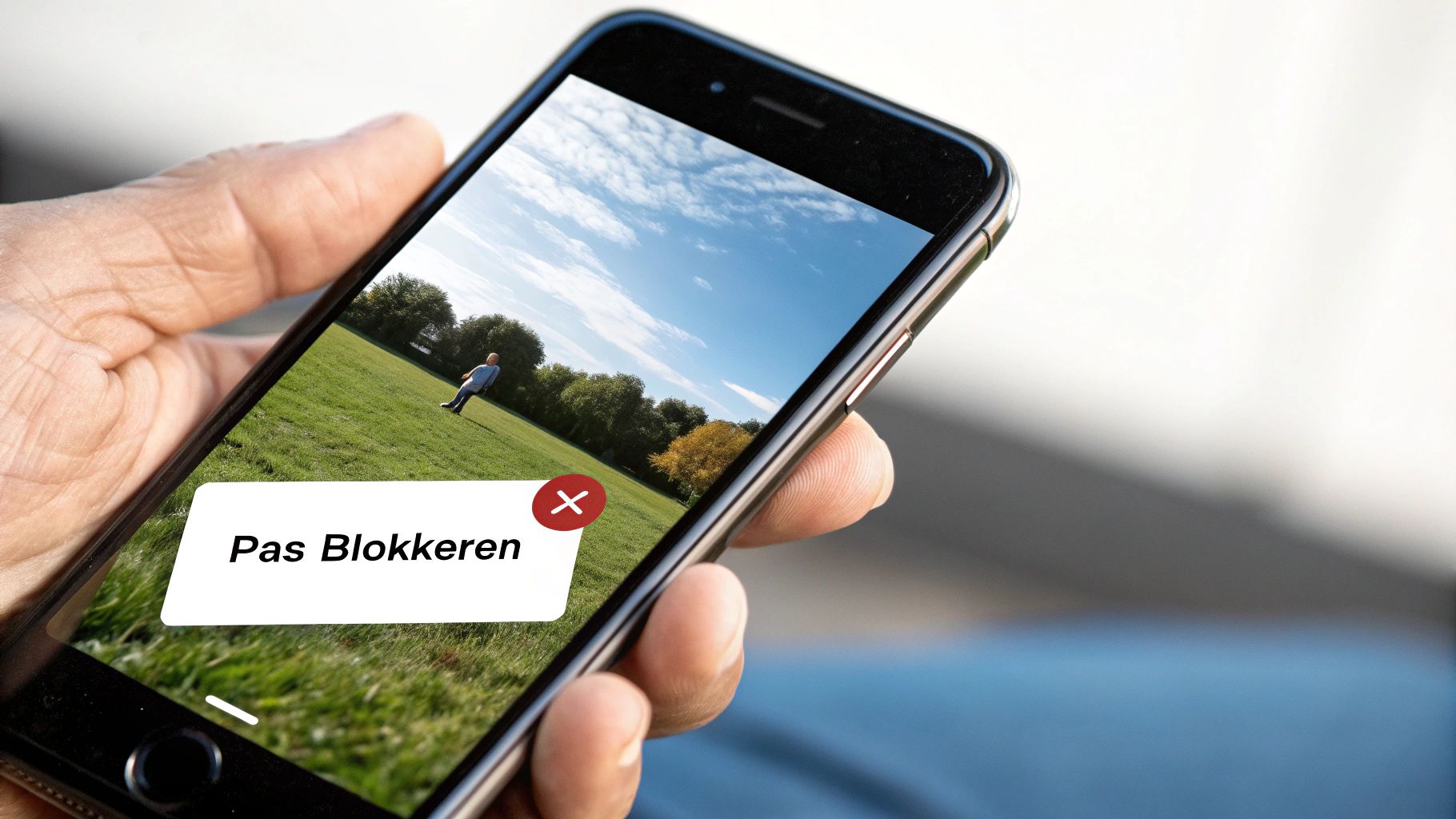 Handen die een telefoon vasthouden met een waarschuwingssymbool