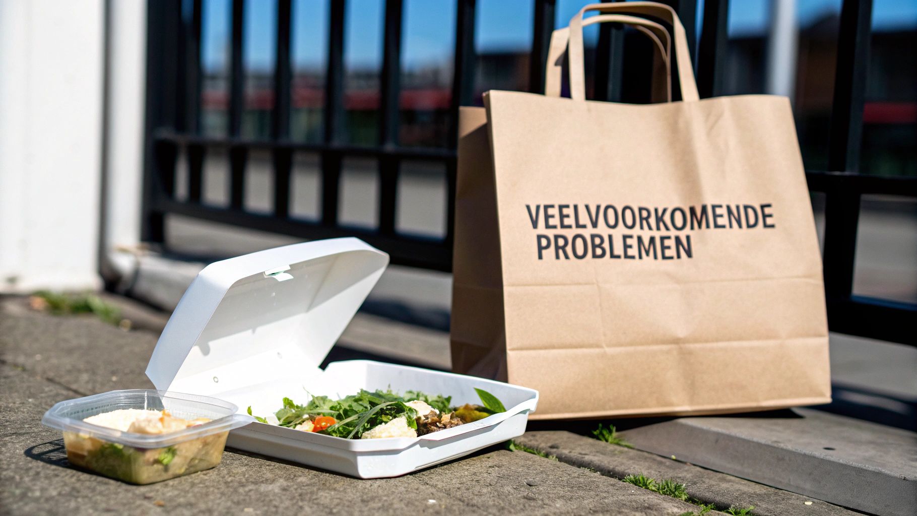 Takeaway maaltijden en een papieren tas met de tekst 'Veelvoorkomende problemen' op een stoep.