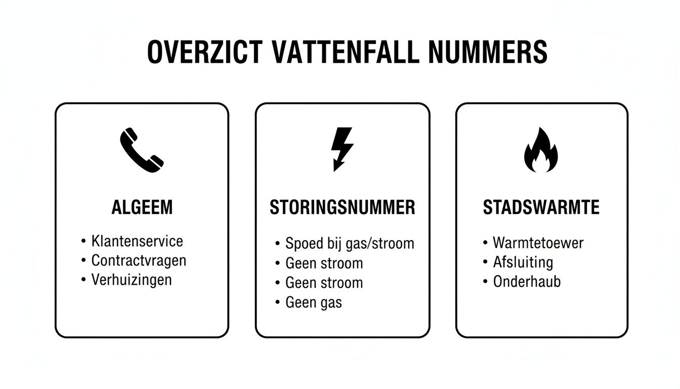 Overzicht van Vattenfall contactnummers voor algemene vragen, storingen en stadswarmte, inclusief details per categorie.