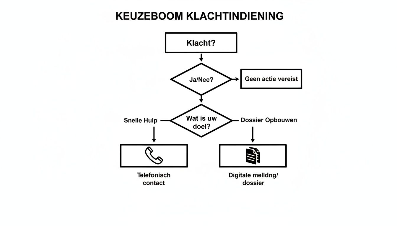 Stroomdiagram voor het indienen van een klacht bij Arriva, met opties voor snelle hulp of dossieropbouw.