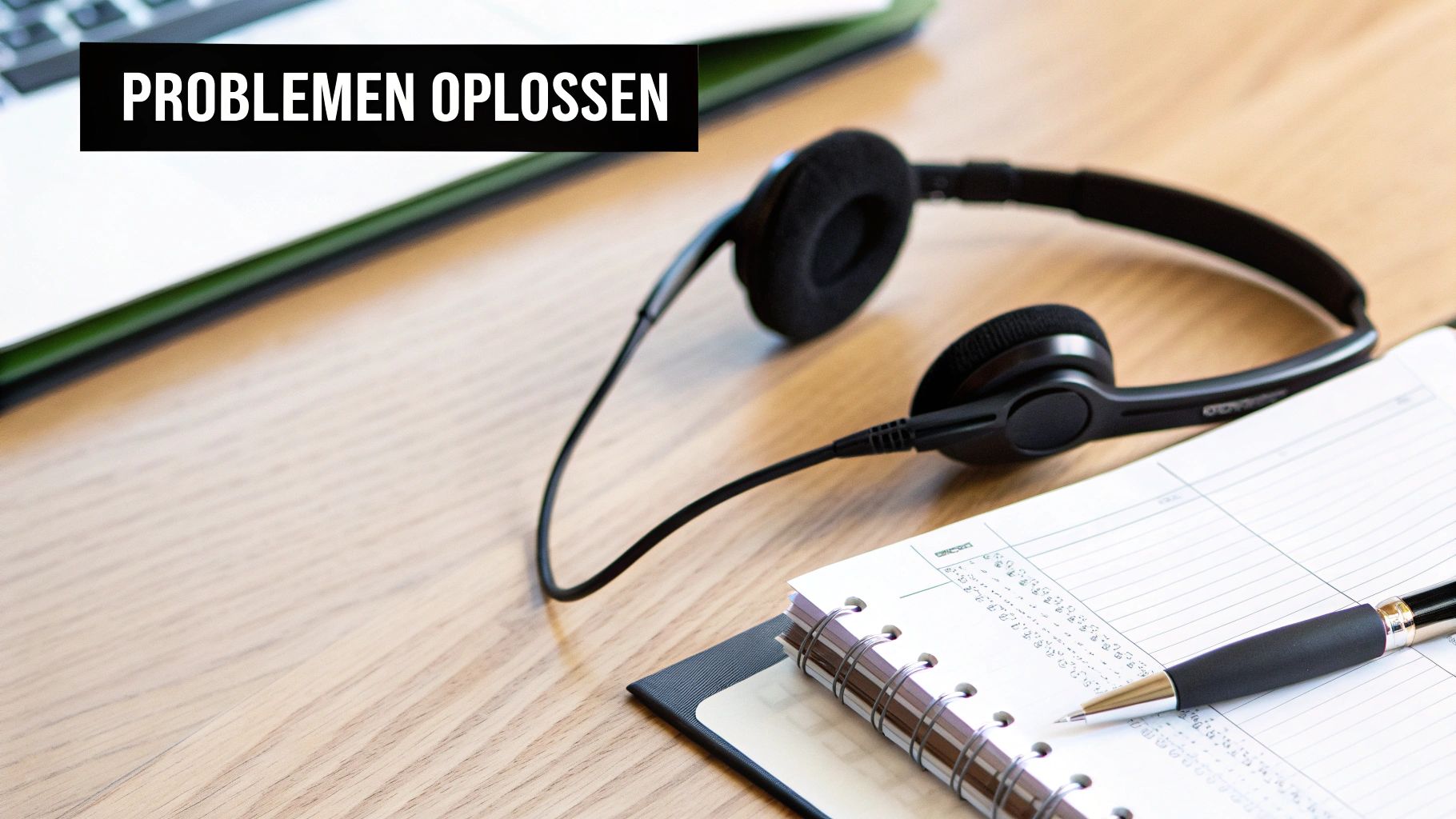 Bureau met laptop, headset, agenda en pen. Tekst 'PROBLEMEN OPLOSSEN' staat op een zwarte balk.
